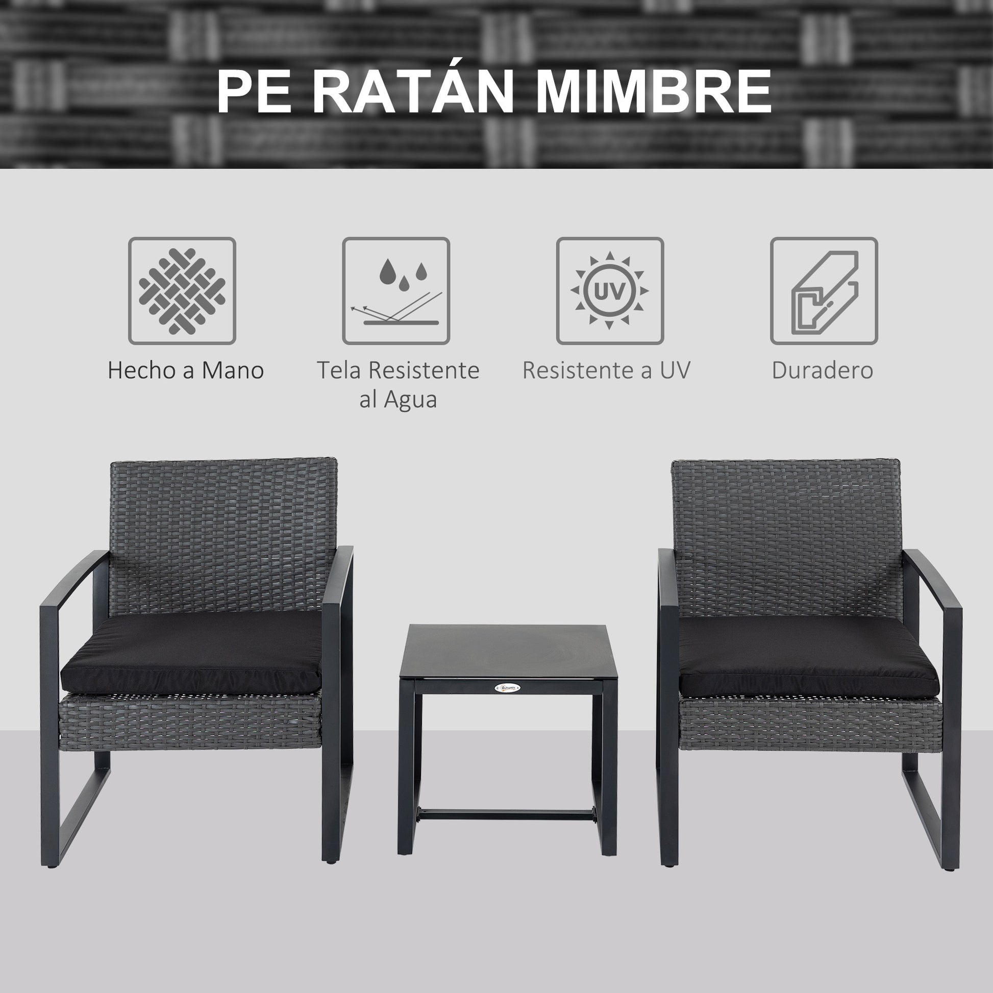 Outsunny Conjunto de Jardín Exterior de 3 Piezas Juego de 2 Sillas y Mesa de Ratán con Cojines Acolchados y Encimera de Vidrio para Balcón Terraza Gris y Negro