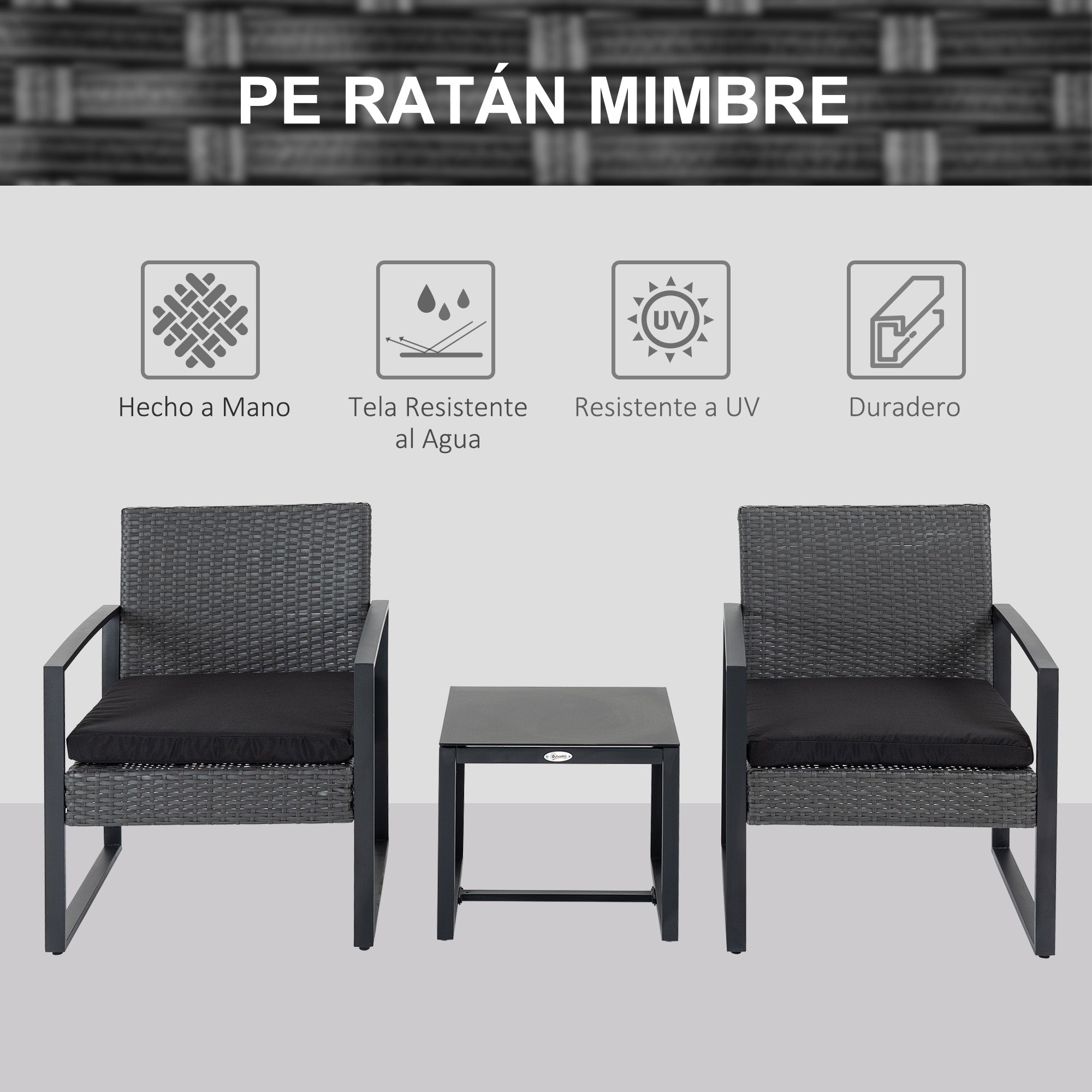 Outsunny Conjunto de Jardín Exterior de 3 Piezas Juego de 2 Sillas y Mesa de Ratán con Cojines Acolchados y Encimera de Vidrio para Balcón Terraza Gris y Negro