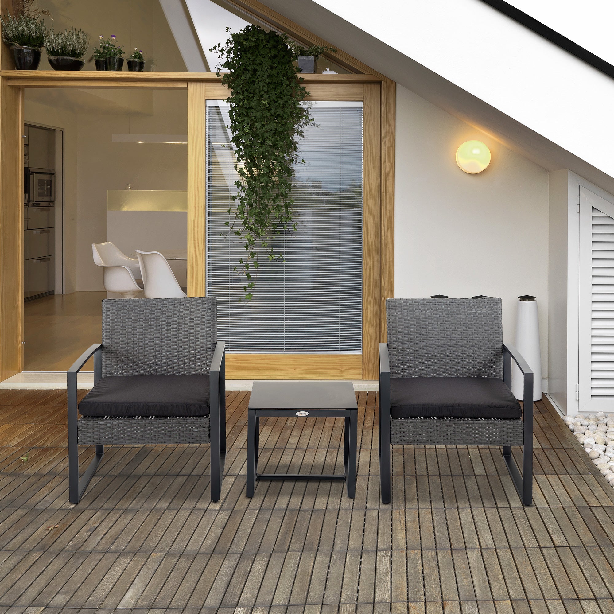 Outsunny Conjunto de Jardín Exterior de 3 Piezas Juego de 2 Sillas y Mesa de Ratán con Cojines Acolchados y Encimera de Vidrio para Balcón Terraza Gris y Negro