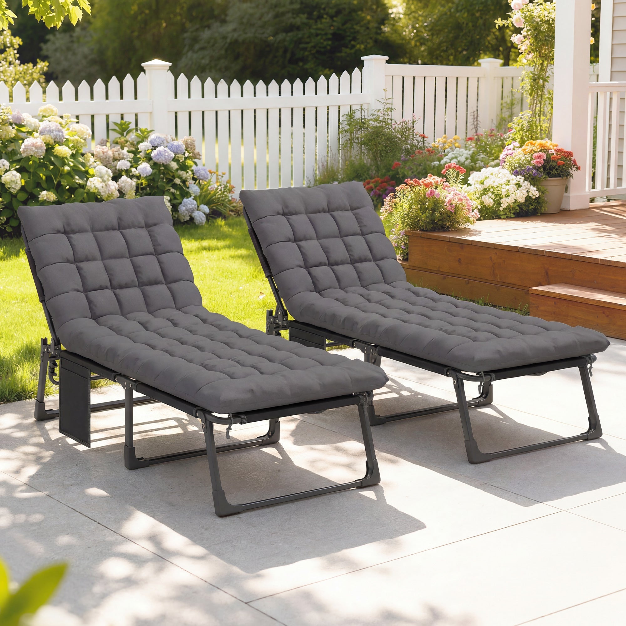 Outsunny Set de 2 Tumbonas Jardín Exterior, Tumbonas Plegables con Cojines, Respaldo Reclinable 5 Posiciones, Asiento Extra Ancho de Textilene, Bolsillo Lateral y Reposacabezas para Playa, Gris Oscuro