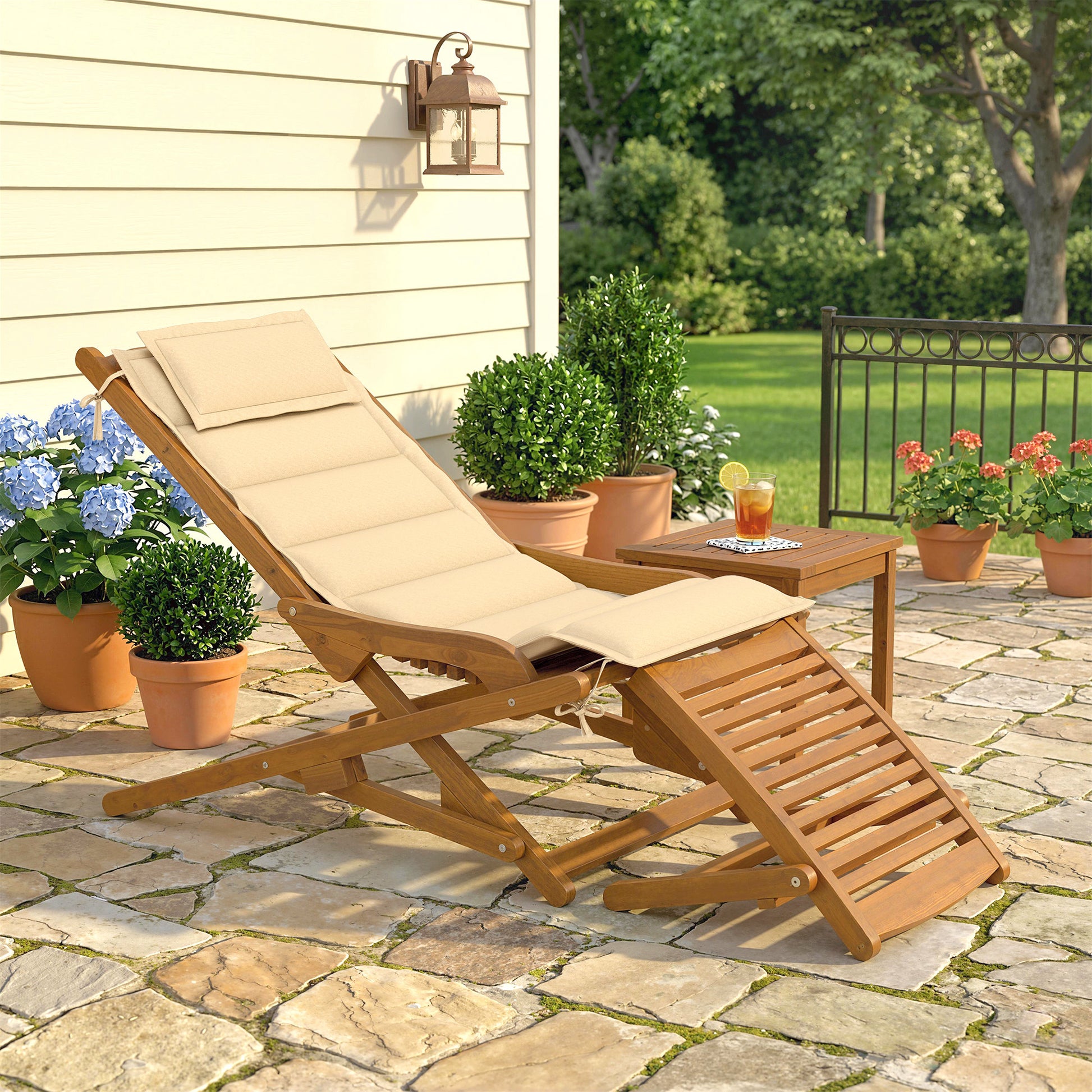 Outsunny Tumbona Silla Plegable de Madera de Acacia, Silla de Jardín Exterior con Reposapiés Desmontable y Cojín con Reposacabezas, Carga 160 kg, para Terraza, Patio, Playa, 158x61x70 cm, Beige