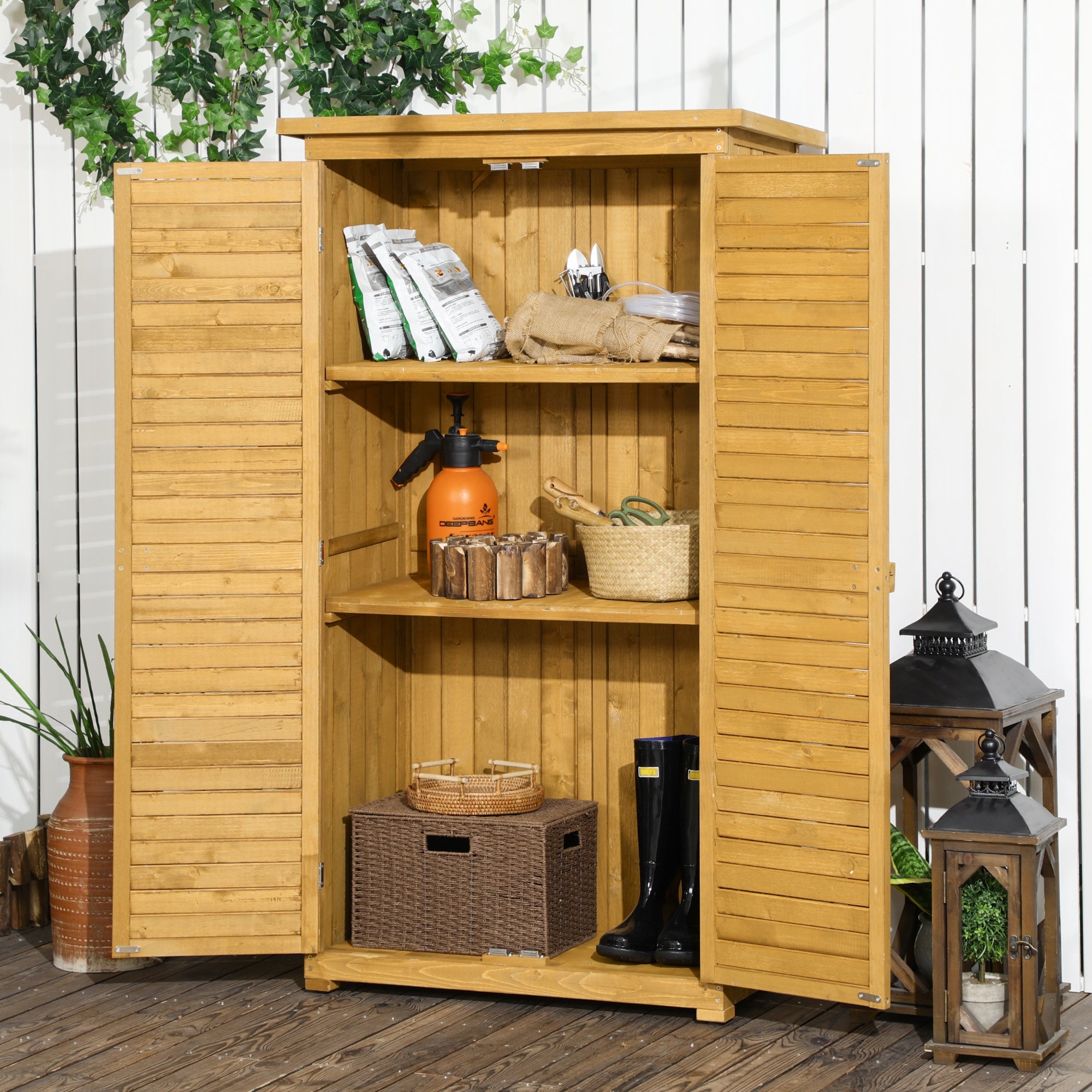 Outsunny Cobertizo de Madera Caseta de Madera 0,31 m² 87x46,5x160 cm Armario Exterior de Madera con 2 Puertas y 2 Estantes Interior para Patio Terraza Natural