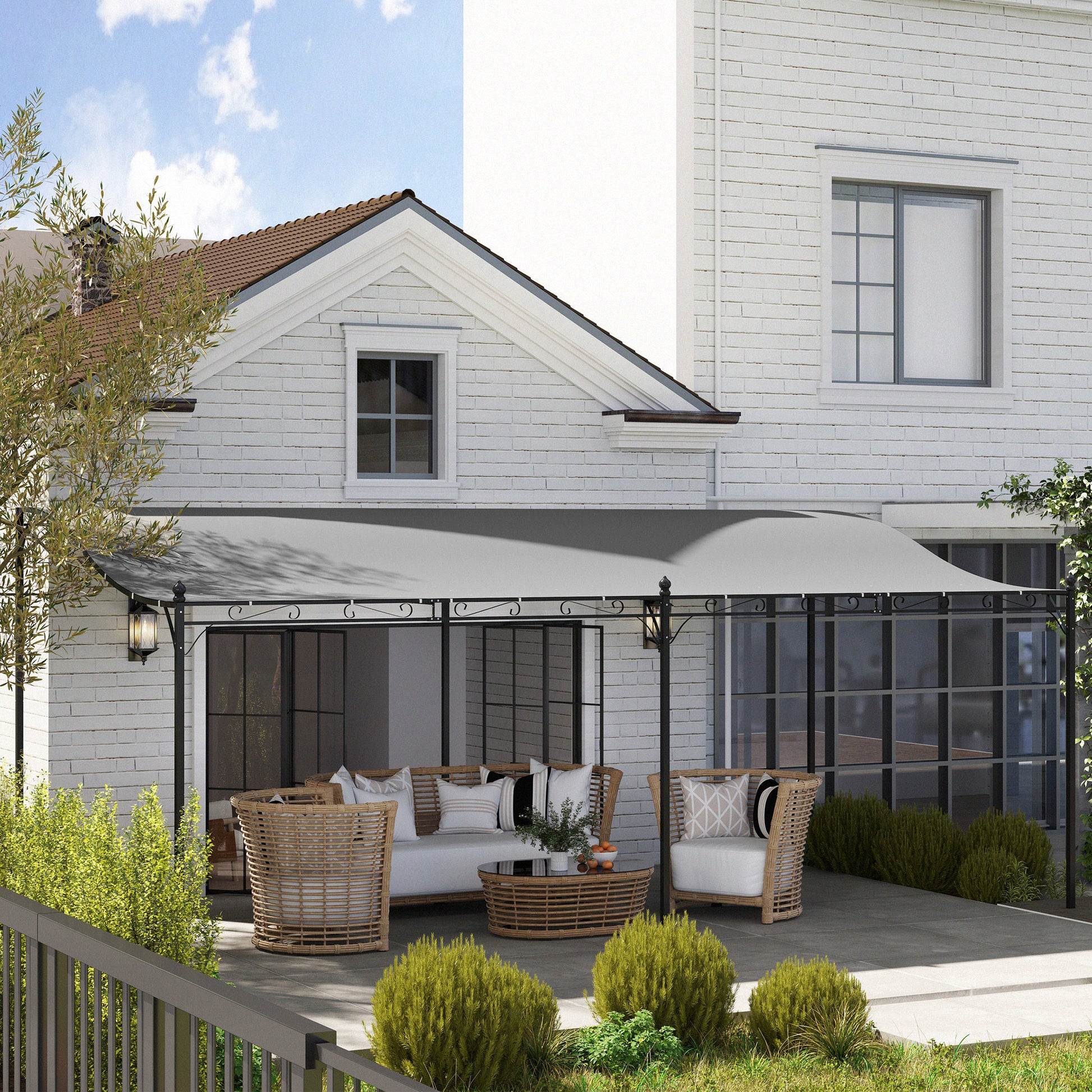 Outsunny Pérgola de Pared de Jardín 3x6 m, Cenador de Jardín con Techo Inclinado, Orificios de Drenaje y Estructura Metálica, Resistente a la Intemperie, para Patio, Terraza, Balcón, Gris Oscuro