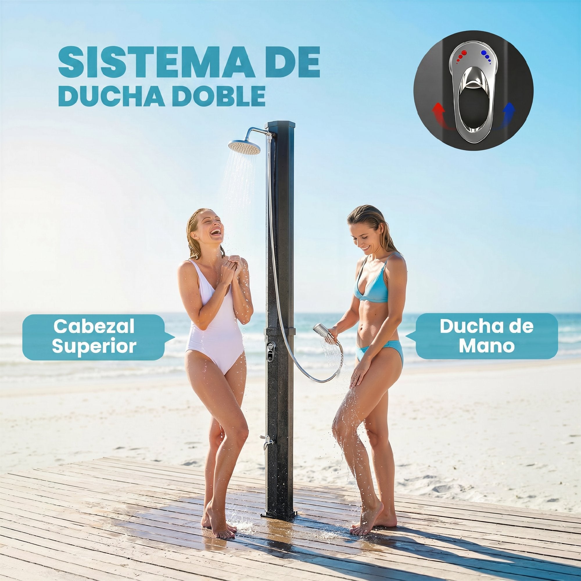 Outsunny Ducha Solar de Jardín 60 L Ducha Solar Exterior con Cabezal Rociador de Mano Grifo de Pies Agua Fría y Caliente Máx. 60 °C Conexión Manguera para Piscina Camping Patio 21,8x18,2x227 cm Negro