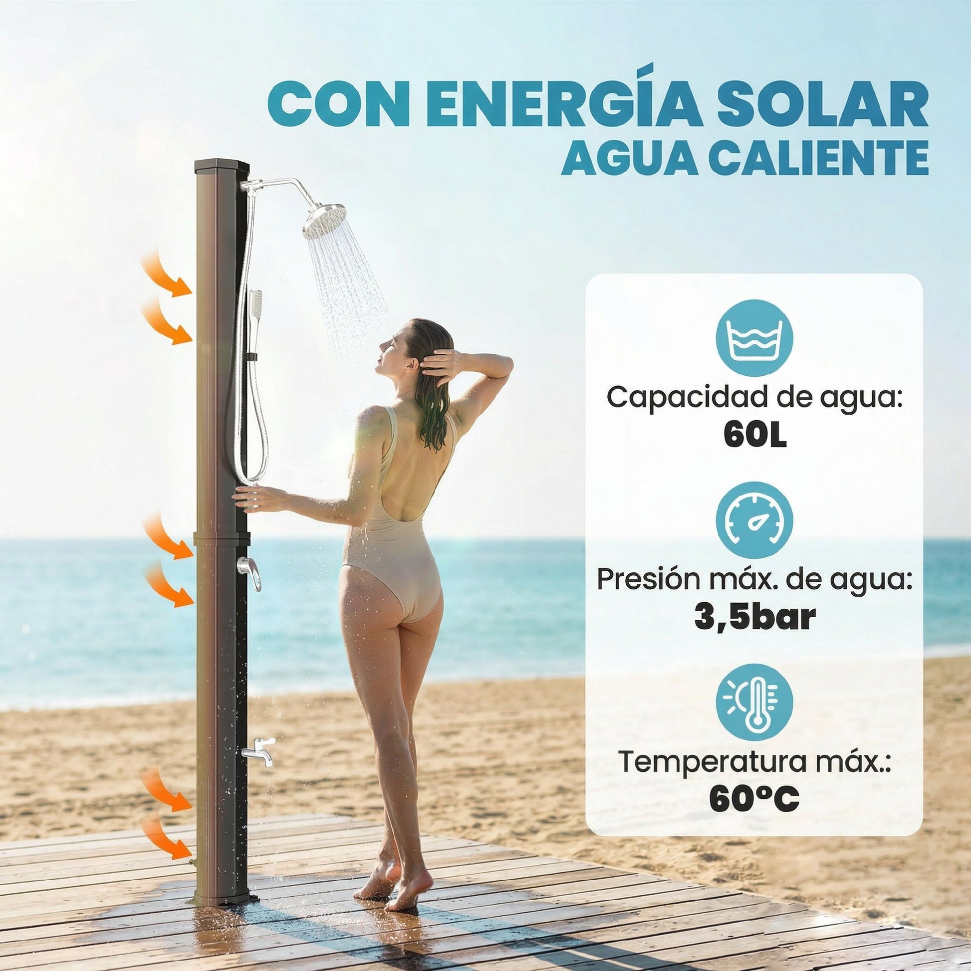 Outsunny Ducha Solar de Jardín 60 L Ducha Solar Exterior con Cabezal Rociador de Mano Grifo de Pies Agua Fría y Caliente Máx. 60 °C Conexión Manguera para Piscina Camping Patio 21,8x18,2x227 cm Negro