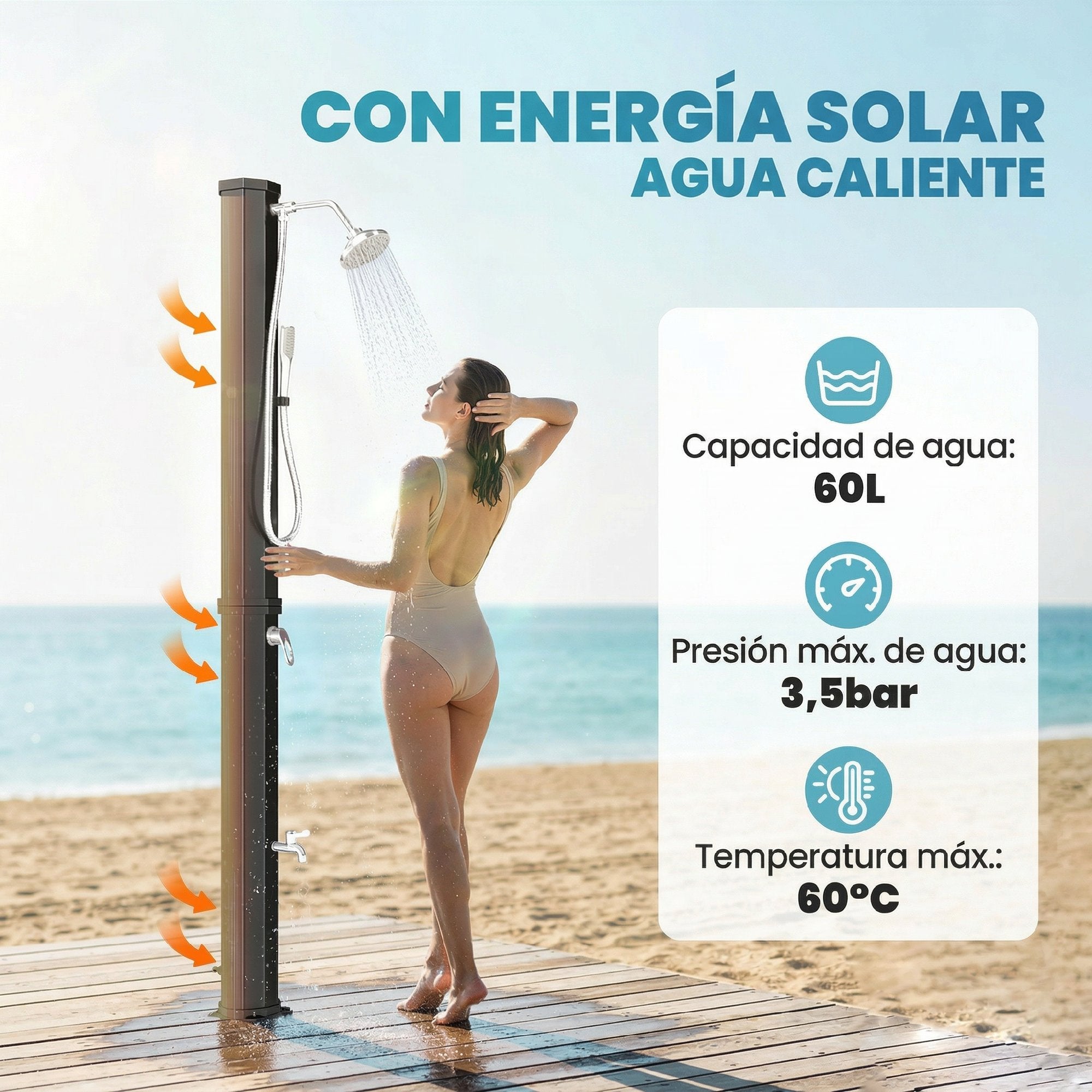 Outsunny Ducha Solar de Jardín 60 L Ducha Solar Exterior con Cabezal Rociador de Mano Grifo de Pies Agua Fría y Caliente Máx. 60 °C Conexión Manguera para Piscina Camping Patio 21,8x18,2x227 cm Negro