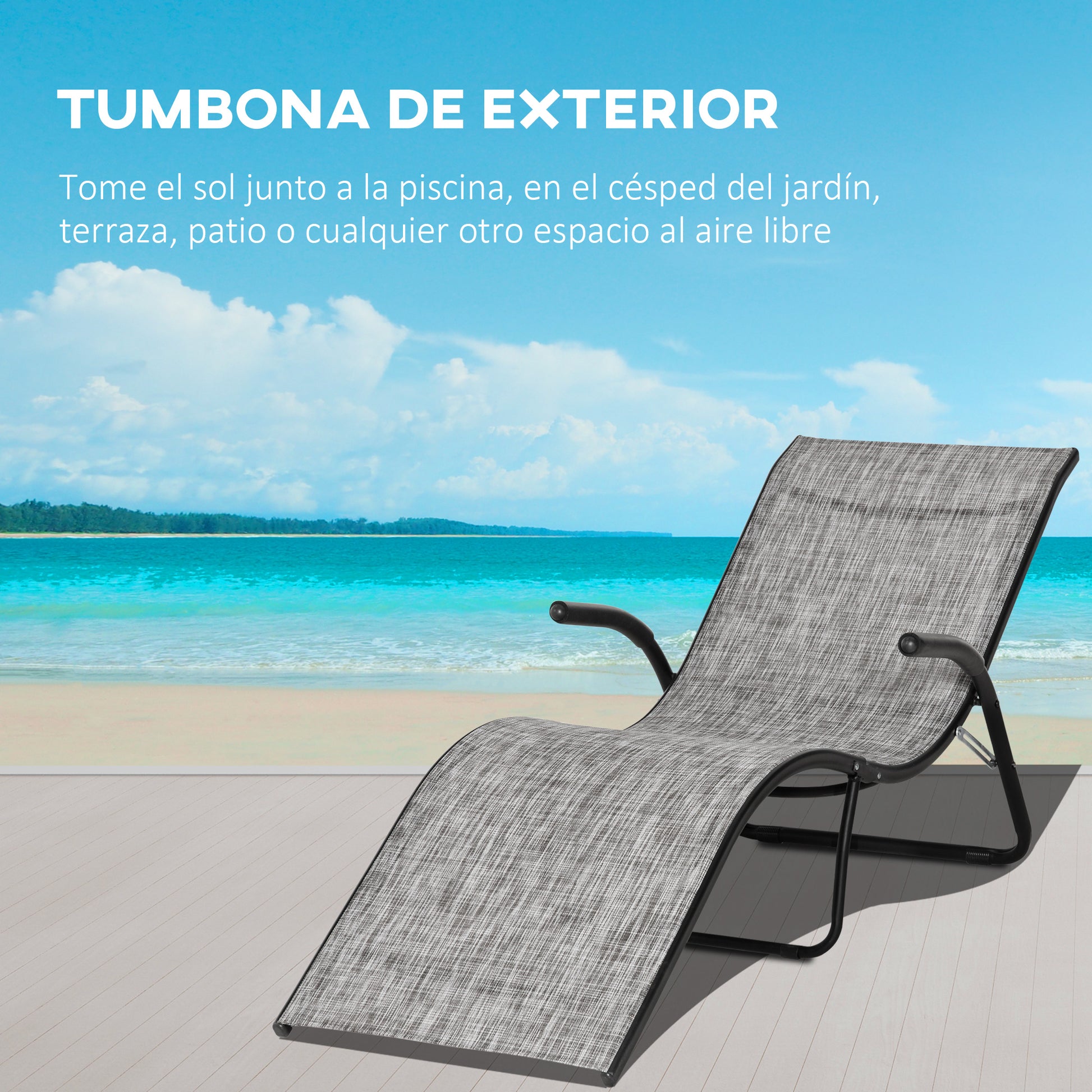 Outsunny Tumbona Plegable de Jardín con Reposabrazos Reposapiés Respaldo Transpirable y Marco de Metal Ergonómico para Terraza Playa Camping Exterior Piscina 170x62x68 cm Gris