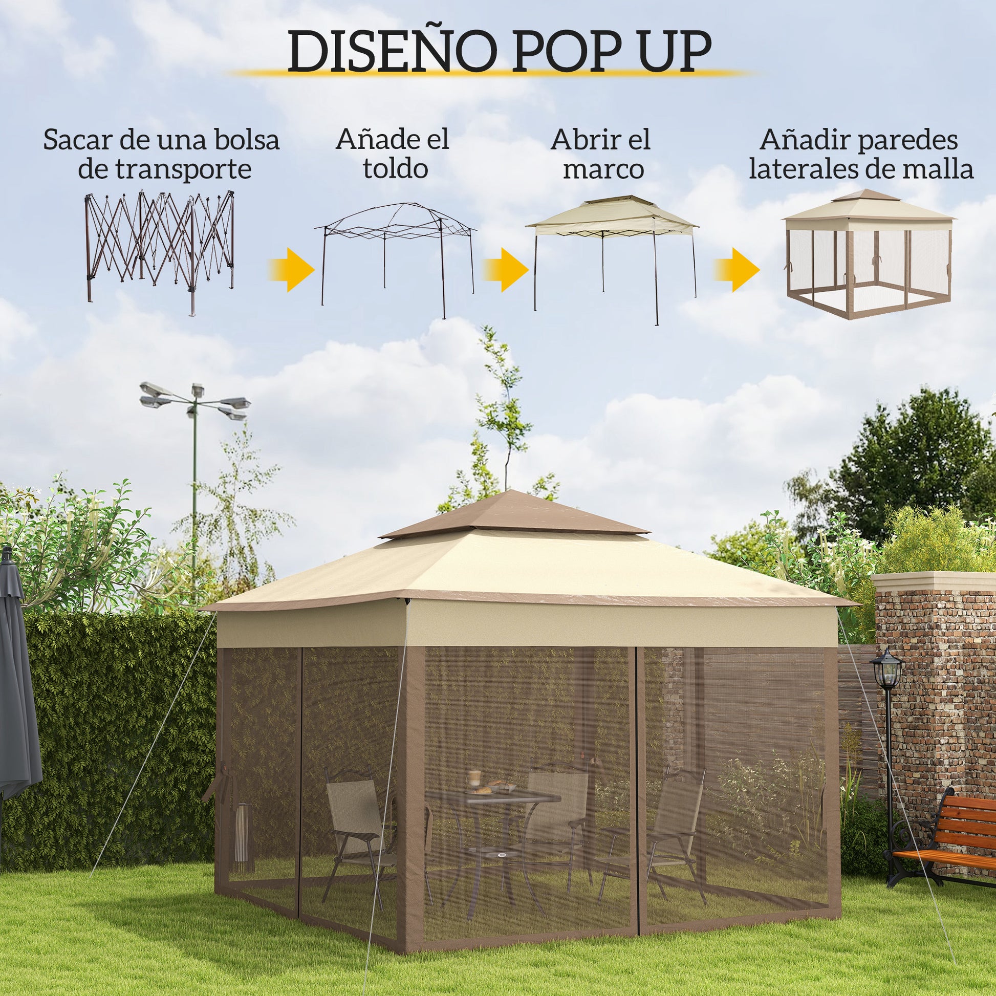 Outsunny Carpa Plegable Gazebo 3,3x3,3 m Cenador Plegable con 4 Paredes Laterales de Malla Anti-UV y Bolsa de Transporte para Camping Fiestas Marrón