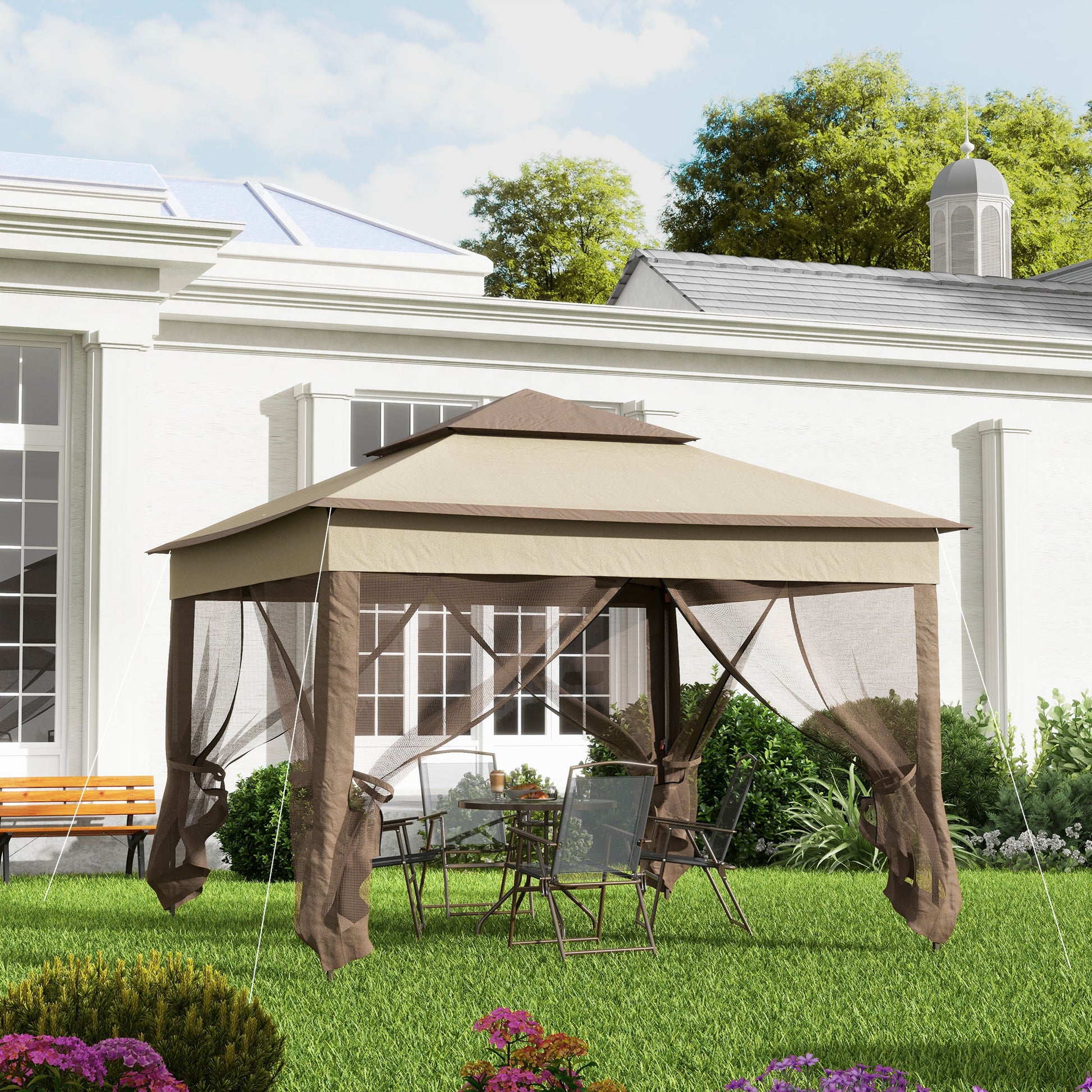 Outsunny Carpa Plegable Gazebo 3,3x3,3 m Cenador Plegable con 4 Paredes Laterales de Malla Anti-UV y Bolsa de Transporte para Camping Fiestas Marrón