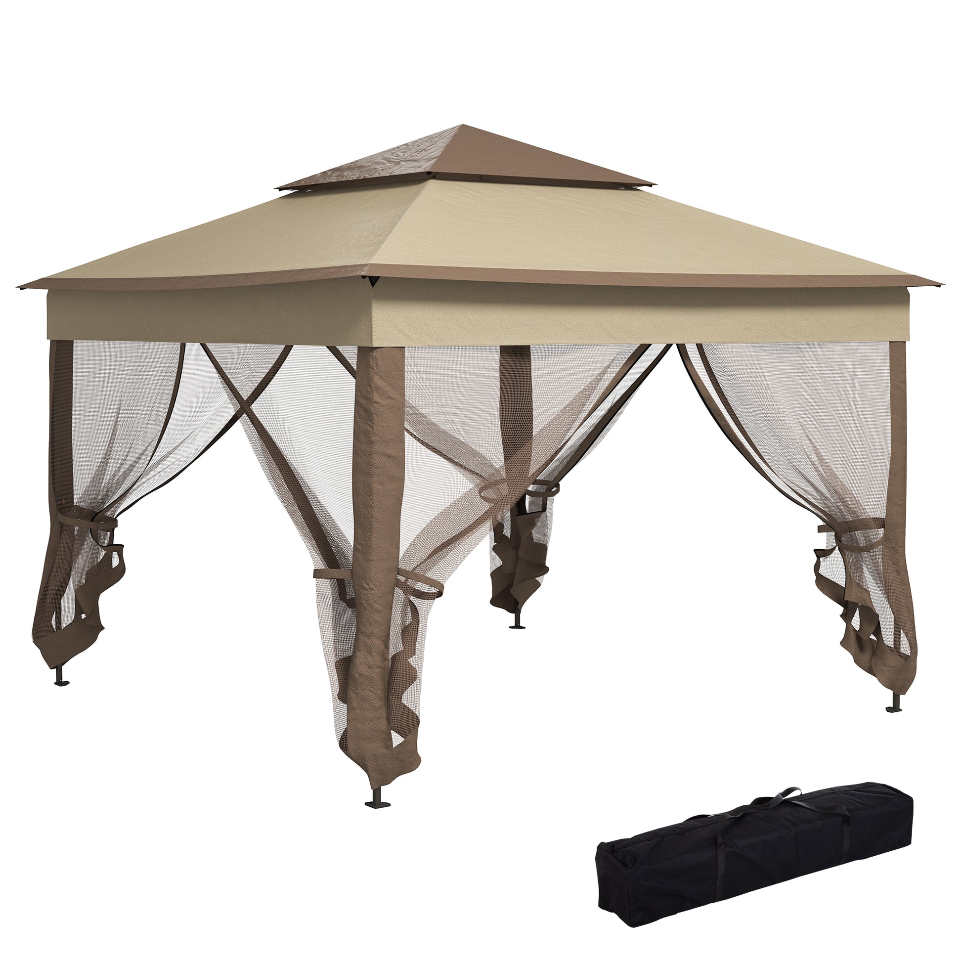 Outsunny Carpa Plegable Gazebo 3,3x3,3 m Cenador Plegable con 4 Paredes Laterales de Malla Anti-UV y Bolsa de Transporte para Camping Fiestas Marrón
