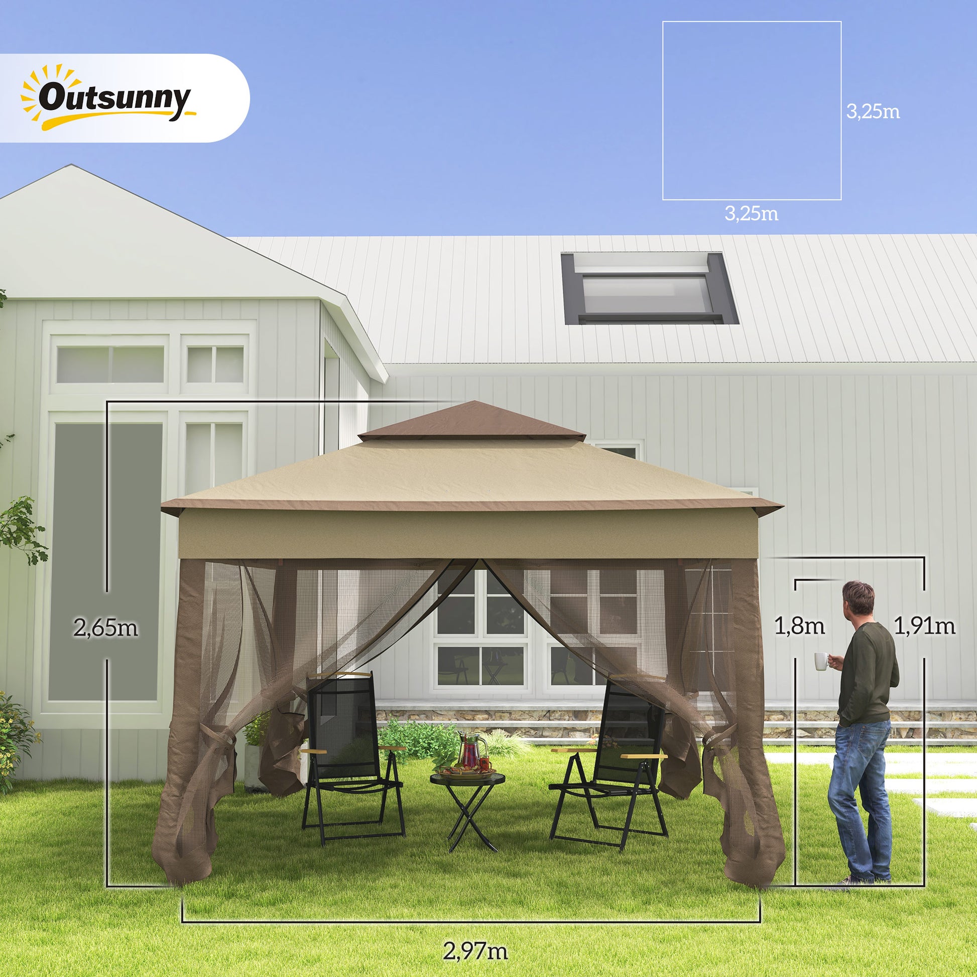 Outsunny Carpa Plegable Gazebo 3,3x3,3 m Cenador Plegable con 4 Paredes Laterales de Malla Anti-UV y Bolsa de Transporte para Camping Fiestas Marrón