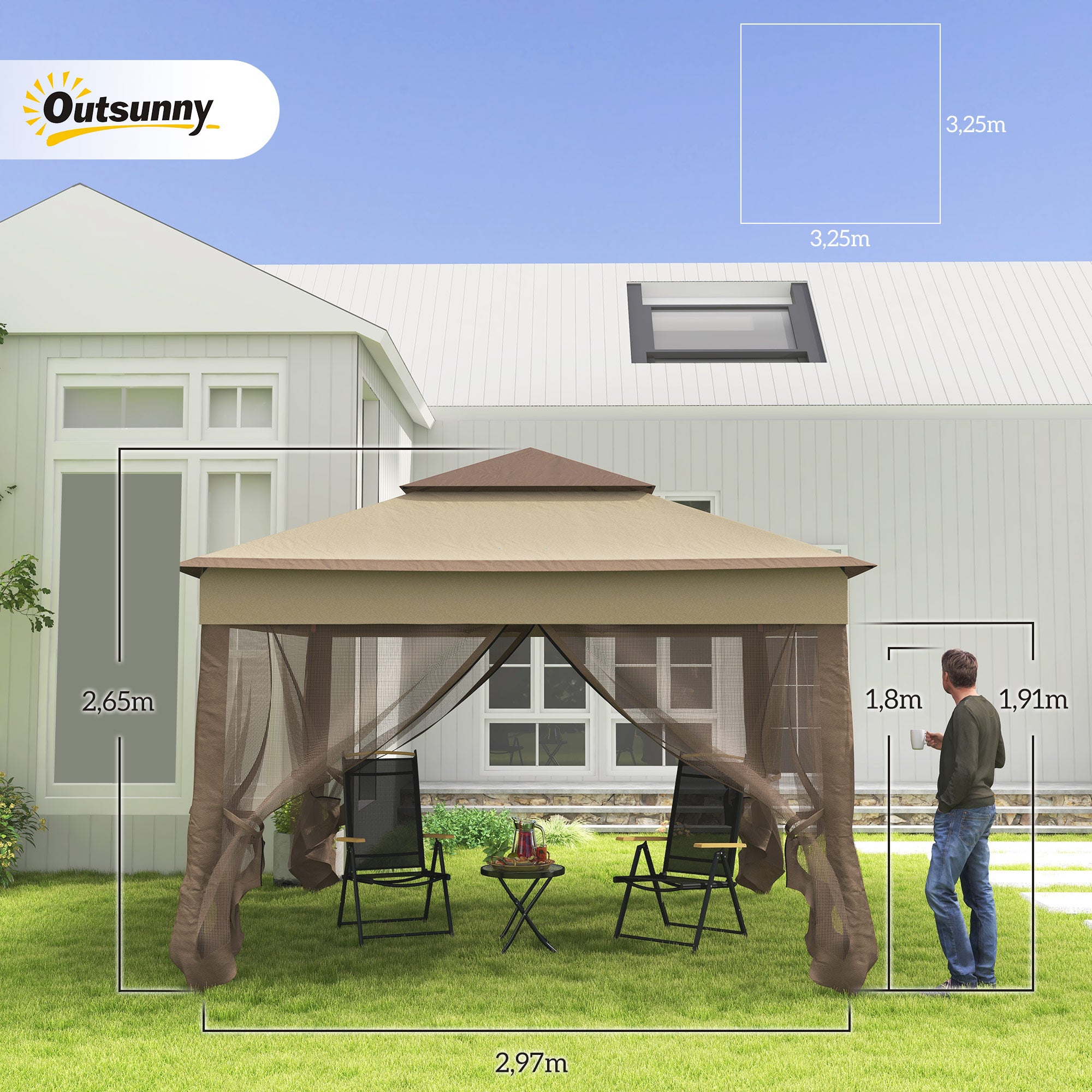 Outsunny Carpa Plegable Gazebo 3,3x3,3 m Cenador Plegable con 4 Paredes Laterales de Malla Anti-UV y Bolsa de Transporte para Camping Fiestas Marrón