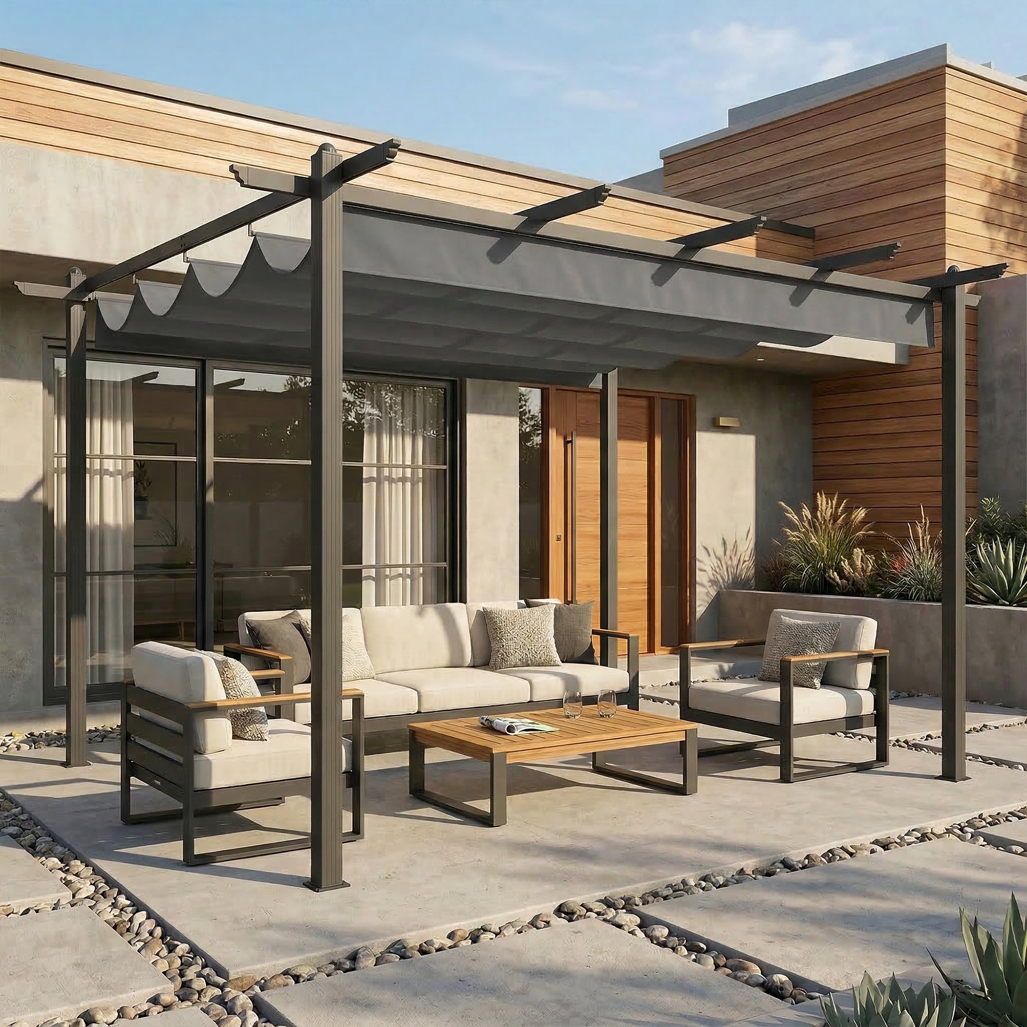 Outsunny Pérgola de Jardín 4x3 m con Techo Retráctil, Cenador de Jardín con Estructura de Aluminio, UPF30+, Orificios de Drenaje, Pabellón para Exterior, Patio, Terraza, Gris