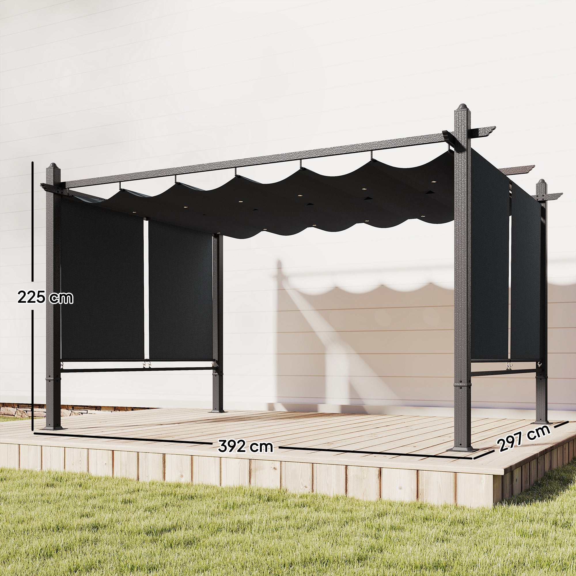 Outsunny Pérgola de Jardín 4x3 m con Techo Retráctil y 4 Cortinas Enrollables Automáticas, Cenador de Jardín con Protección UV50+, Estructura de Aluminio, Drenaje, Pabellón para Exterior, Gris Oscuro
