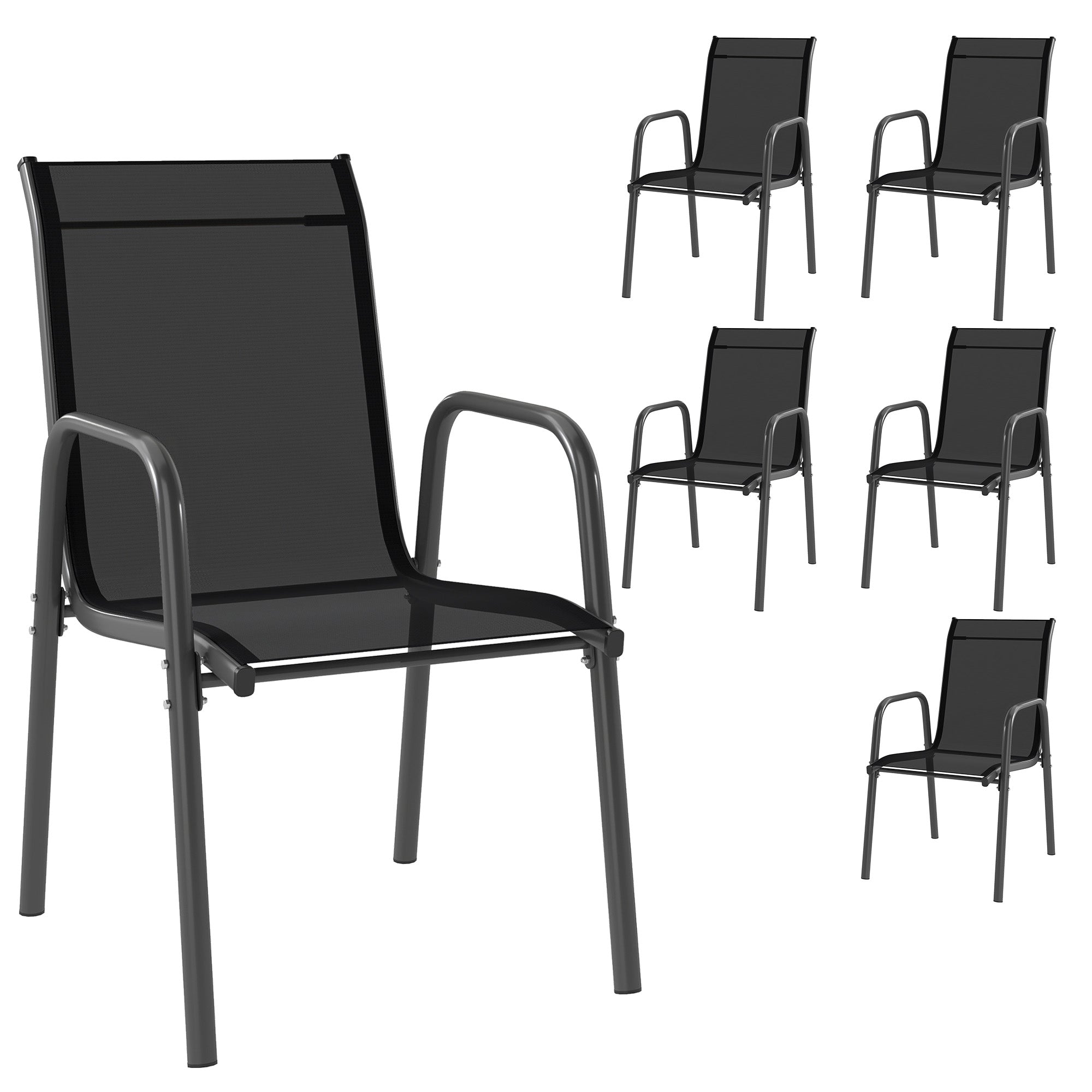 Outsunny Juego de 6 Sillas de Jardín Exterior Apilables, Sillas Terraza Exterior con Reposabrazos, Asiento y Respaldo de Malla Transpirable, Estructura Metálica Resistente, 51x69x87 cm, Negro