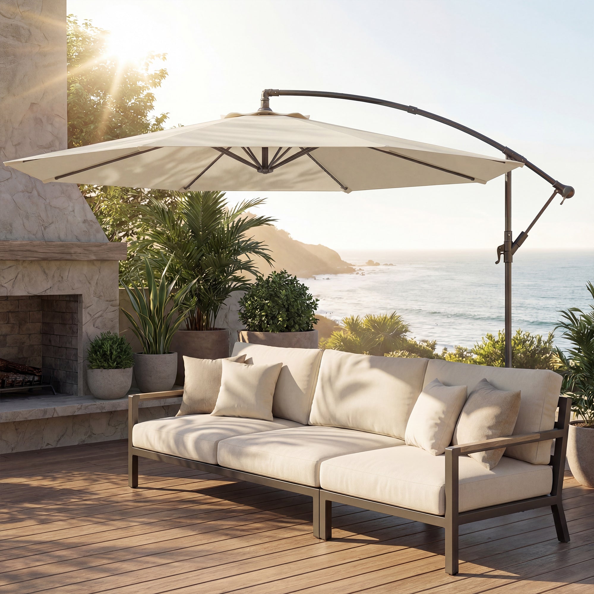 Outsunny Parasol Excéntrico, Ø300 cm, Sombrilla de Jardín con Base Cruzada, Toldo Ajustable, Manivela, 8 Barras, UPF30+, para Terraza, Patio, Exterior, Blanco Crema