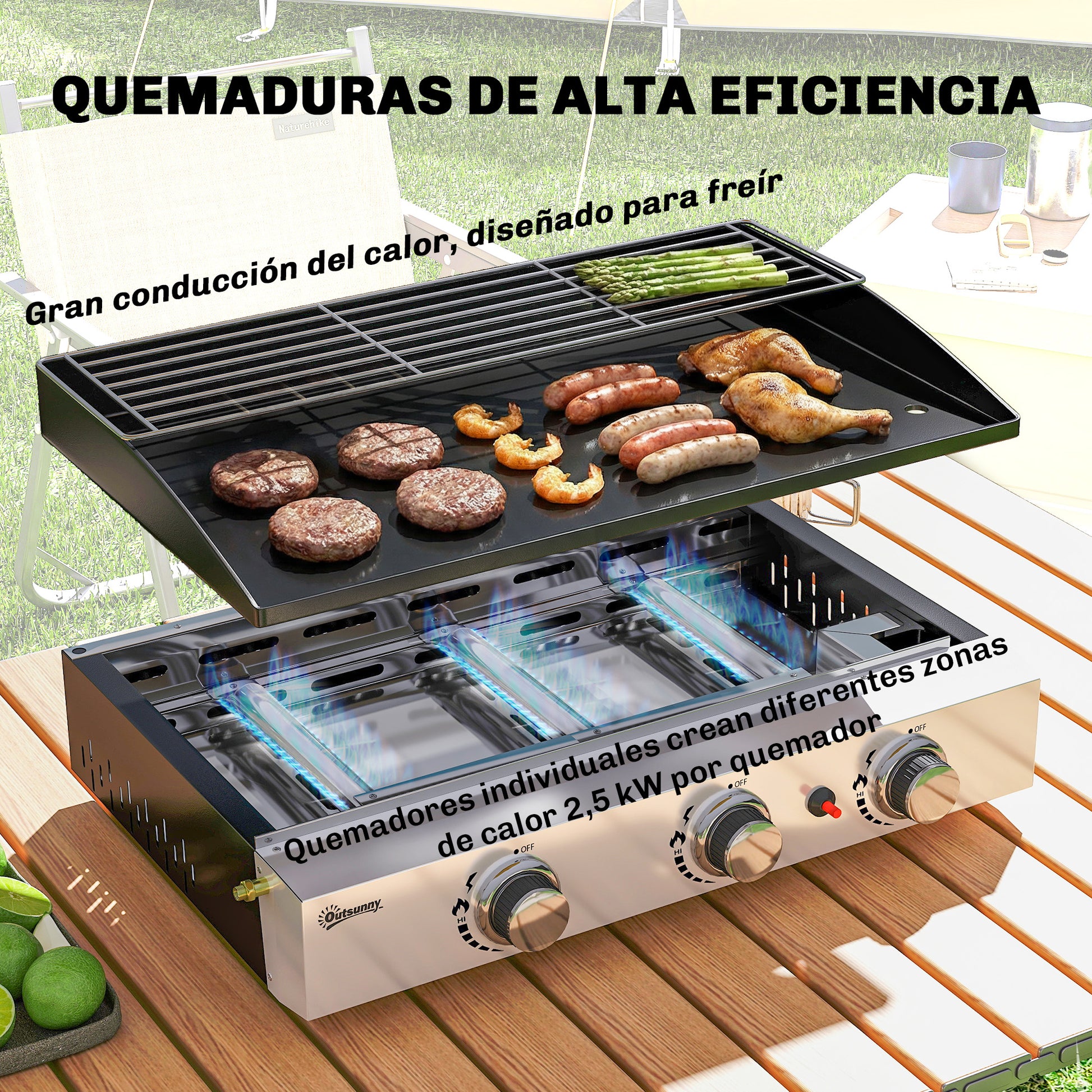 Outsunny Barbacoa de Gas BBQ Gas con 3 Quemadores 7,5 kW, Barbacoa Portátil con Plancha, Rejilla Calentadora y Recogedor Grasa, para Camping, Picnic, Terraza, Negro