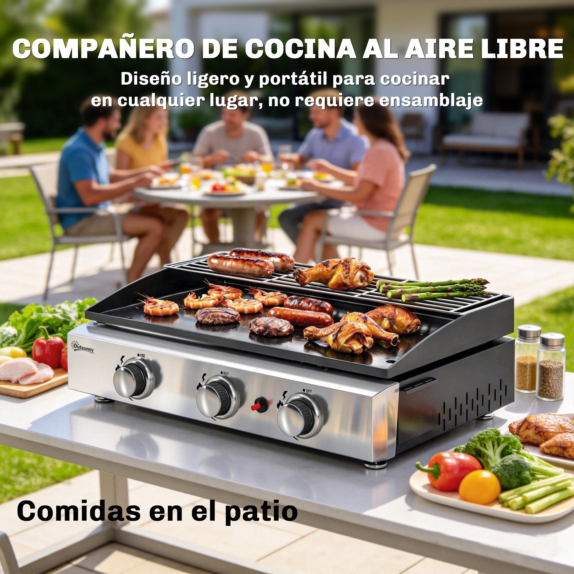 Outsunny Barbacoa de Gas BBQ Gas con 3 Quemadores 7,5 kW, Barbacoa Portátil con Plancha, Rejilla Calentadora y Recogedor Grasa, para Camping, Picnic, Terraza, Negro