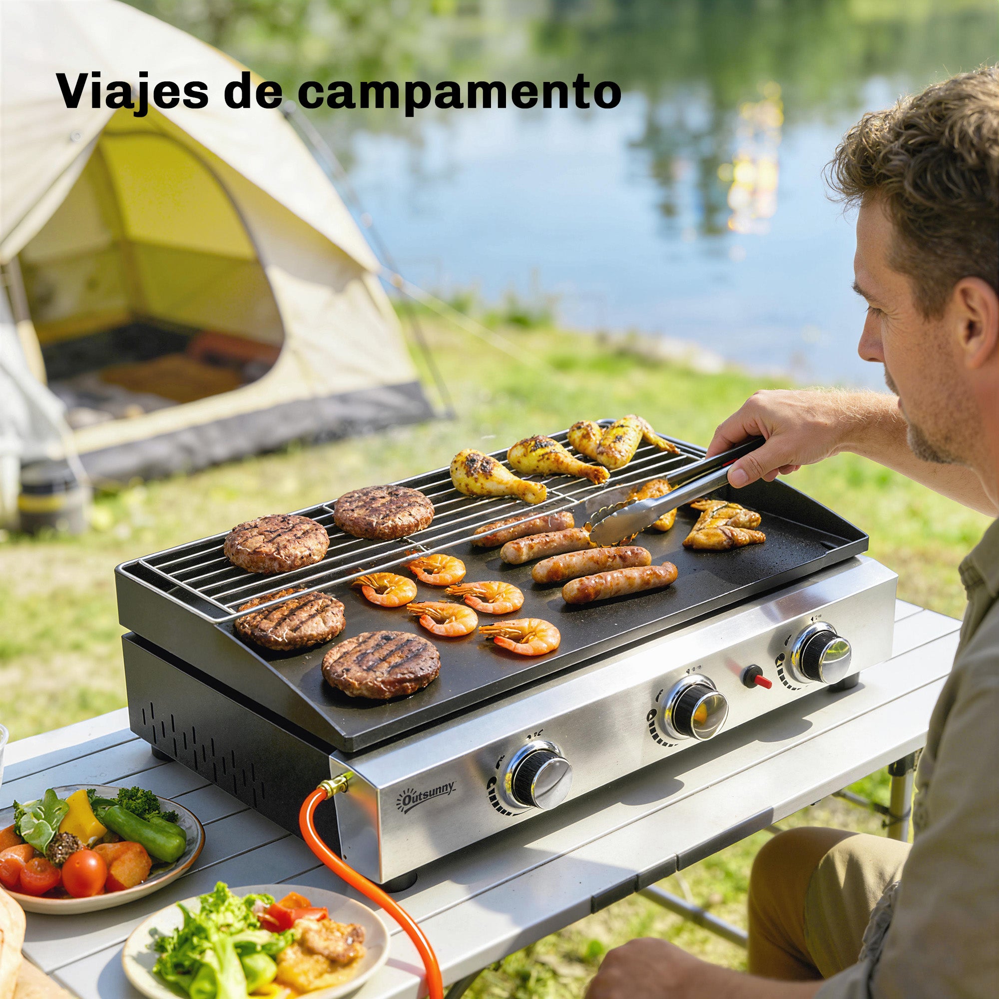 Outsunny Barbacoa de Gas BBQ Gas con 3 Quemadores 7,5 kW, Barbacoa Portátil con Plancha, Rejilla Calentadora y Recogedor Grasa, para Camping, Picnic, Terraza, Negro