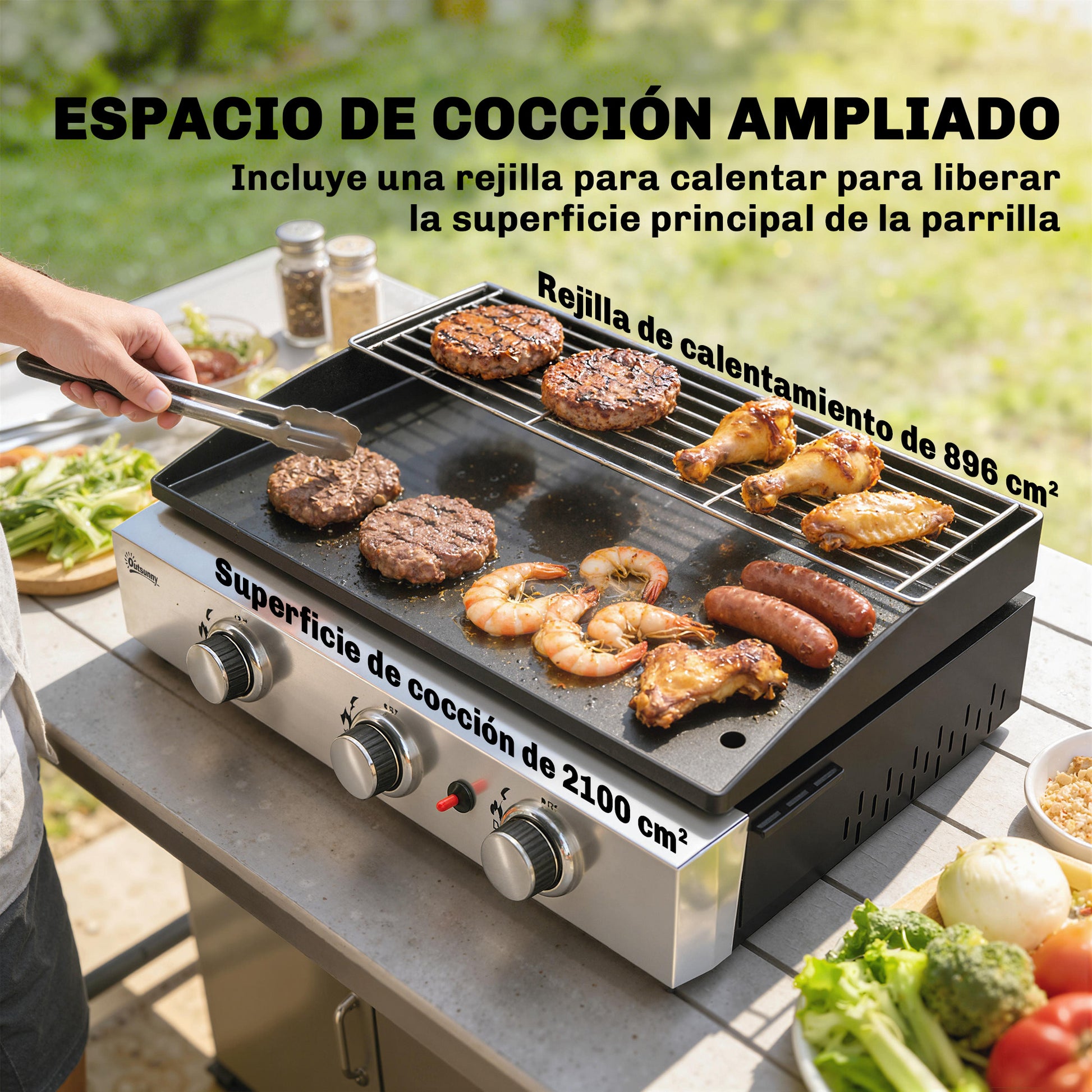 Outsunny Barbacoa de Gas BBQ Gas con 3 Quemadores 7,5 kW, Barbacoa Portátil con Plancha, Rejilla Calentadora y Recogedor Grasa, para Camping, Picnic, Terraza, Negro