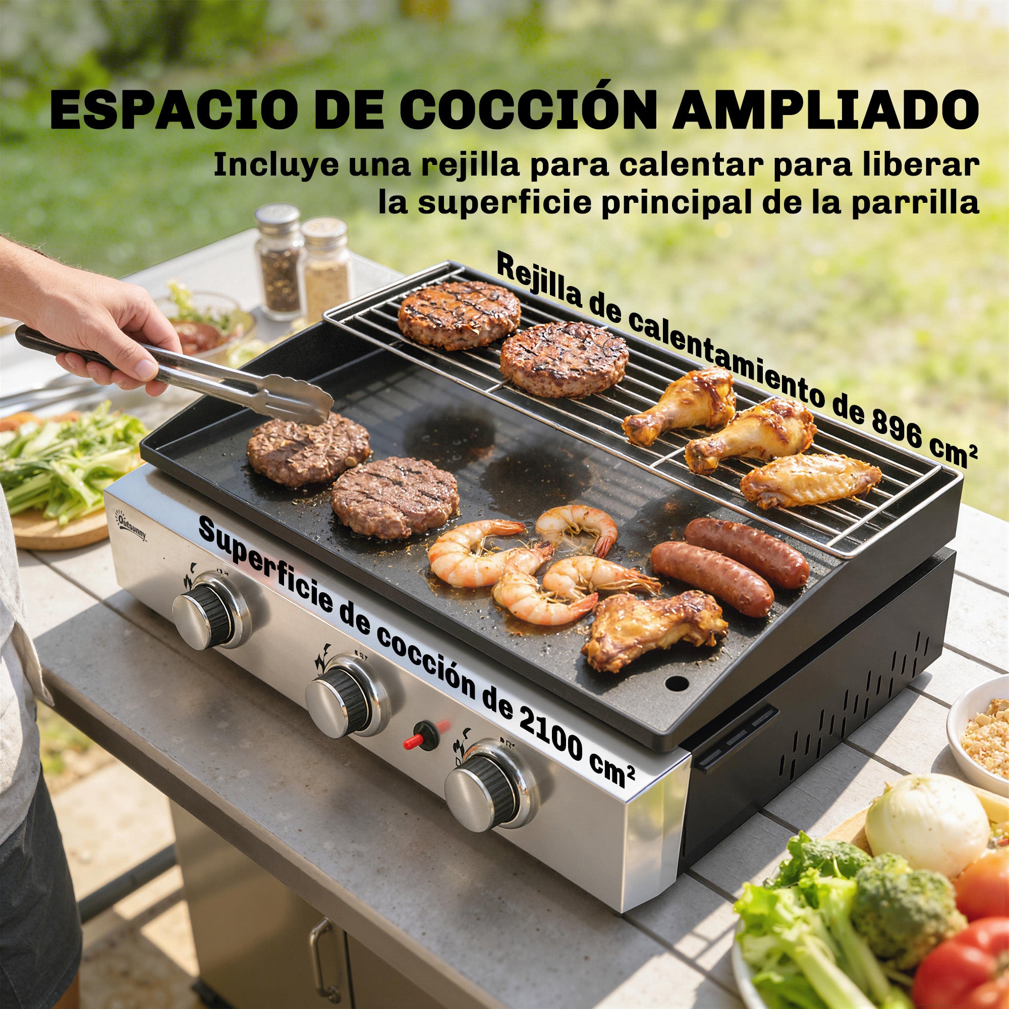 Outsunny Barbacoa de Gas BBQ Gas con 3 Quemadores 7,5 kW, Barbacoa Portátil con Plancha, Rejilla Calentadora y Recogedor Grasa, para Camping, Picnic, Terraza, Negro