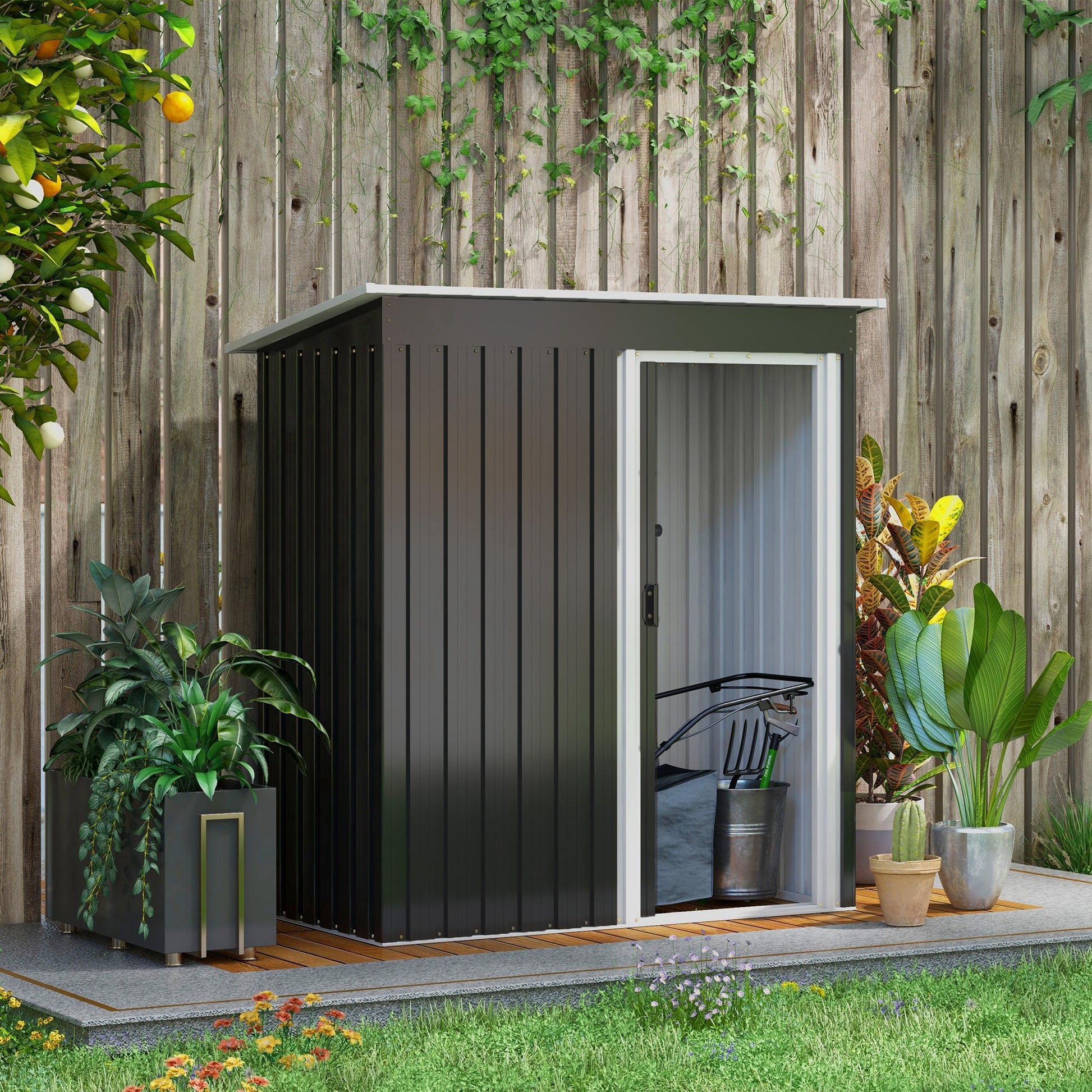Outsunny Caseta de Jardín Exterior 1,16 m² 163x89x182 cm Cobertizo de Jardín Exterior Metálico con Puerta Corredera y Techo Inclinado Armario para Jardín Terraza Patio Negro
