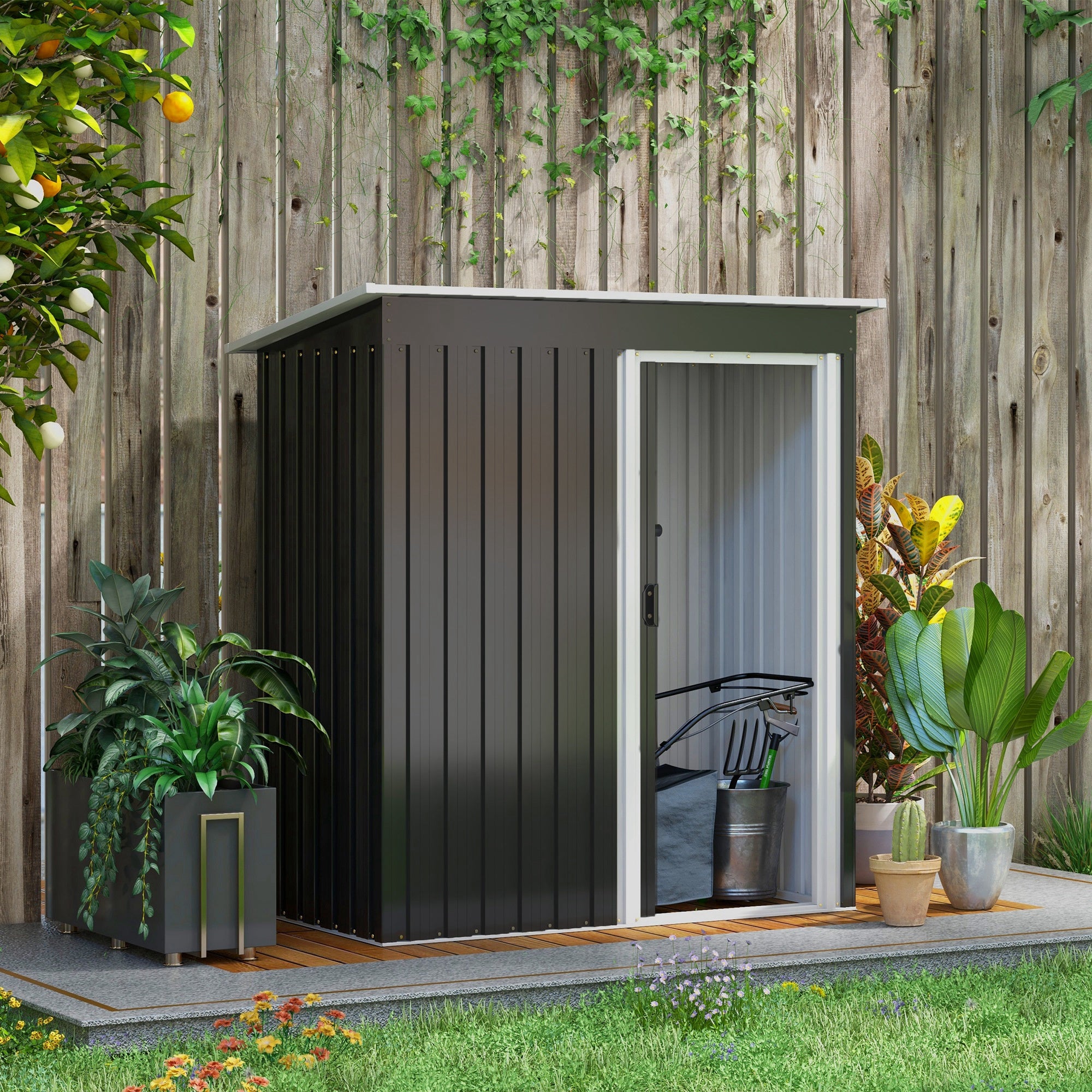 Outsunny Caseta de Jardín Exterior 1,16 m² 163x89x182 cm Cobertizo de Jardín Exterior Metálico con Puerta Corredera y Techo Inclinado Armario para Jardín Terraza Patio Negro
