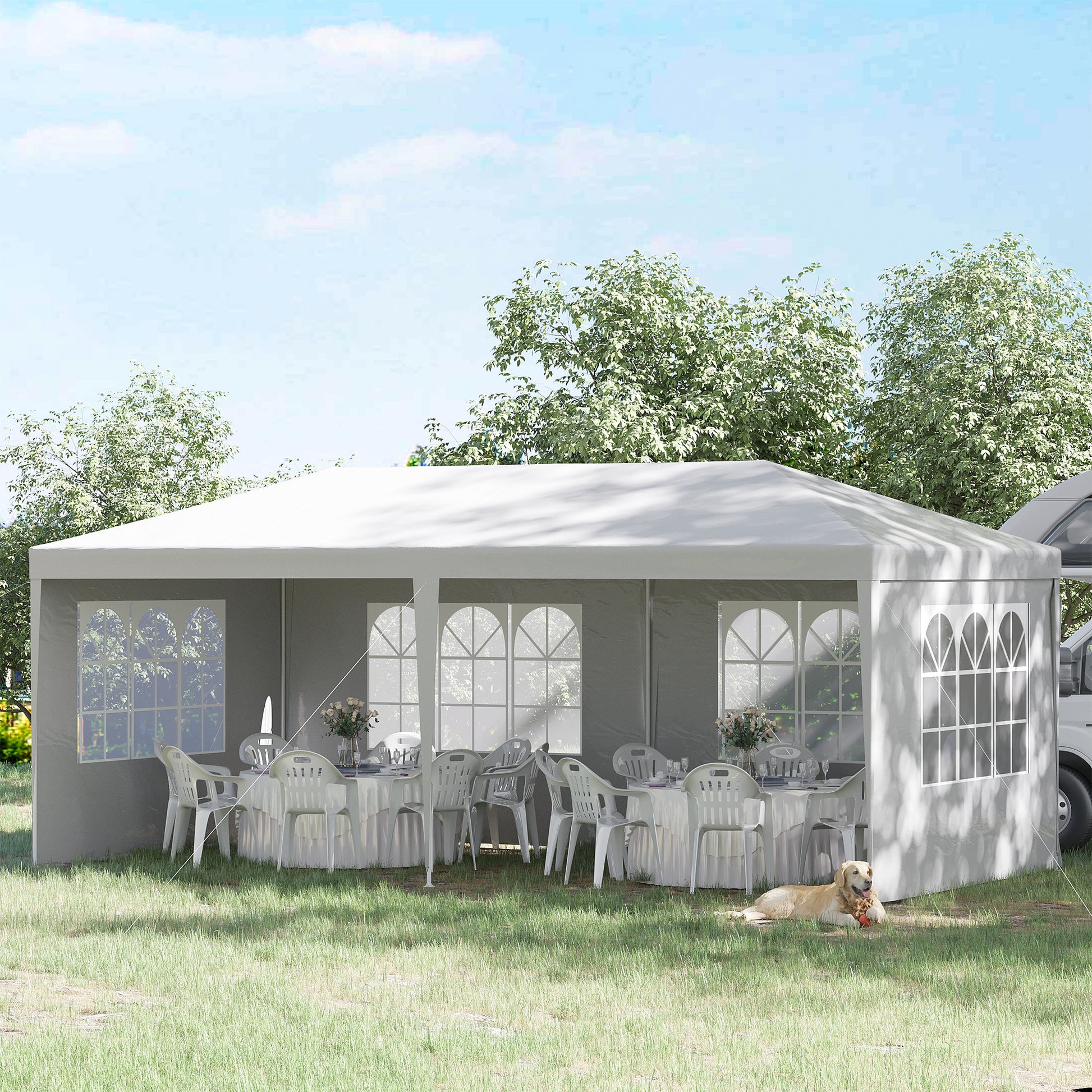 Outsunny Carpa de Jardín con Laterales Desmontables 6x3 m Gazebo Pabellón con 4 Ventanas Transparentes 12 Orificios de Drenaje y Marco de Acero Anti-UV Impermeable Cenador para Exterior Terraza Blanco