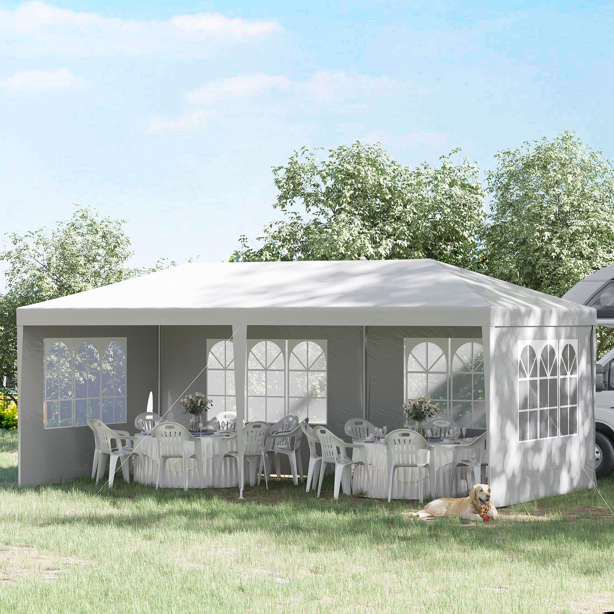 Outsunny Carpa de Jardín con Laterales Desmontables 6x3 m Gazebo Pabellón con 4 Ventanas Transparentes 12 Orificios de Drenaje y Marco de Acero Anti-UV Impermeable Cenador para Exterior Terraza Blanco