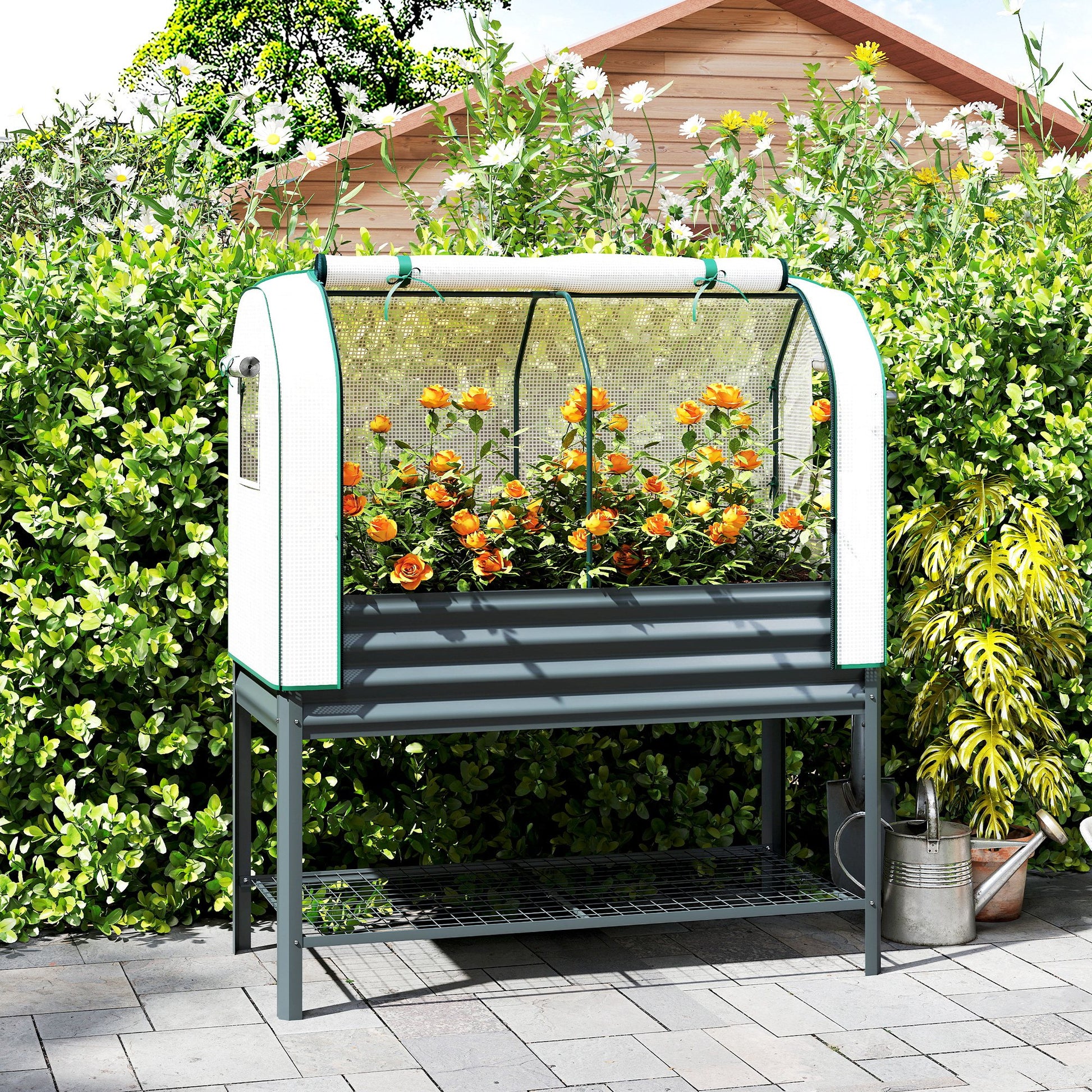 Outsunny Huerto Urbano Elevado con Cubierta de Invernadero de 140 g/m² PE, Mesa de Cultivo de Metal Galvanizado con Estante Inferior y Forro para Cultivo, Plantas y Flores, 120x55x140 cm, Gris Oscuro