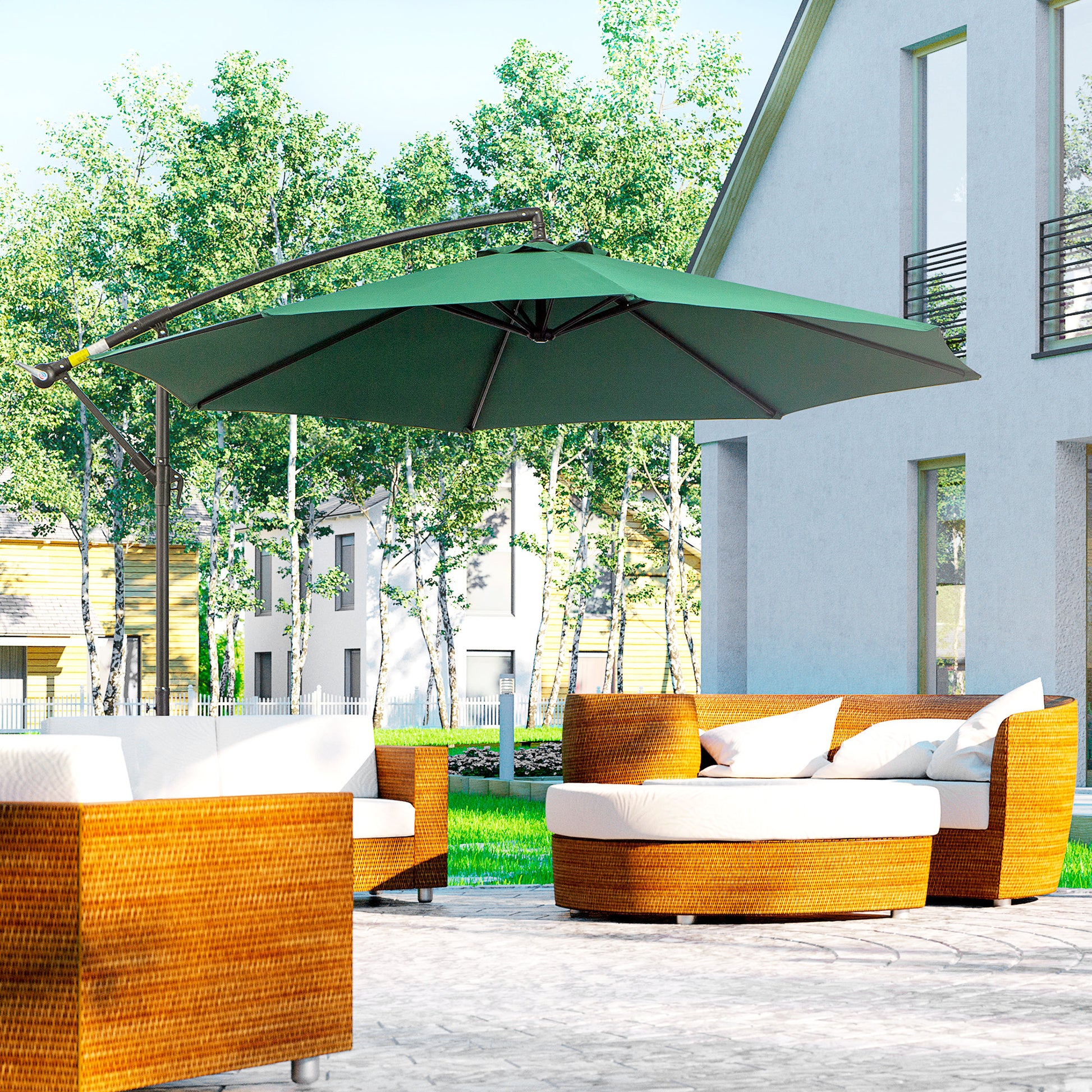 Outsunny Parasol Excéntrico Ø 295 cm Sombrilla de Jardín con Ángulo Ajustable Base Cruzada y Manivela Sombrilla para Terraza Patio Verde