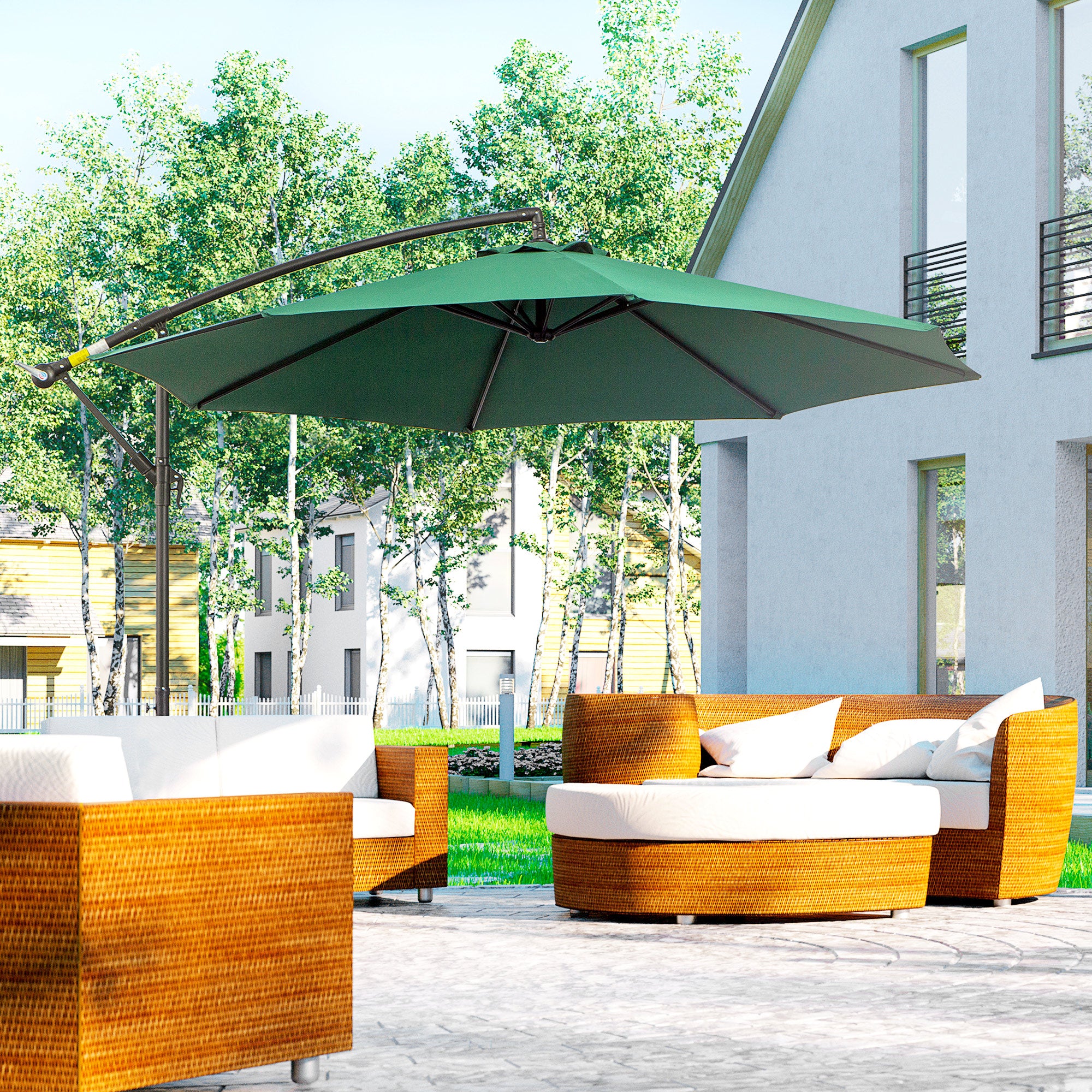 Outsunny Parasol Excéntrico Ø 295 cm Sombrilla de Jardín con Ángulo Ajustable Base Cruzada y Manivela Sombrilla para Terraza Patio Verde