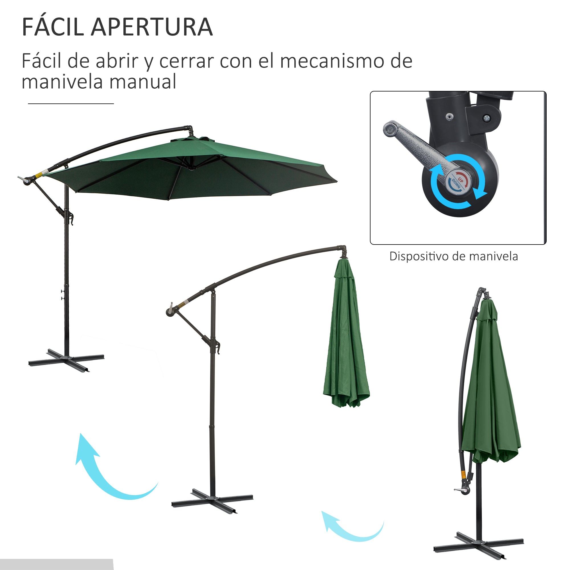 Outsunny Parasol Excéntrico Ø 295 cm Sombrilla de Jardín con Ángulo Ajustable Base Cruzada y Manivela Sombrilla para Terraza Patio Verde