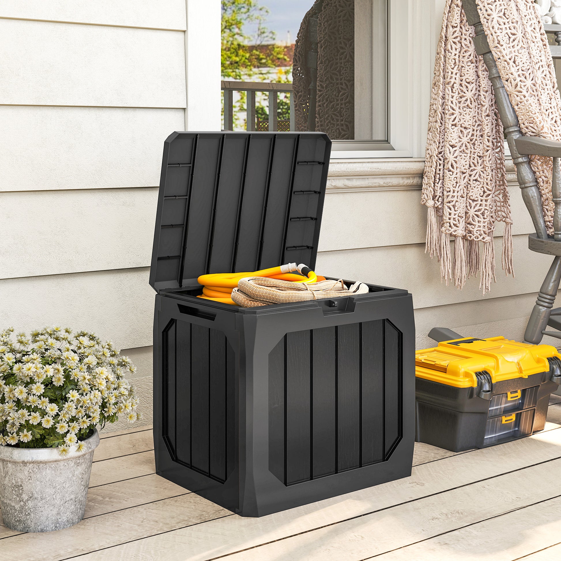 Outsunny Arcón Exterior Capacidad 121L, Baúl Almacenaje Exterior de Plástico con 2 Asas y Tapa Bloqueable, Impermeable, Resistente a la Intemperie, para Jardín, Terraza, Patio, 56x45x53 cm, Negro