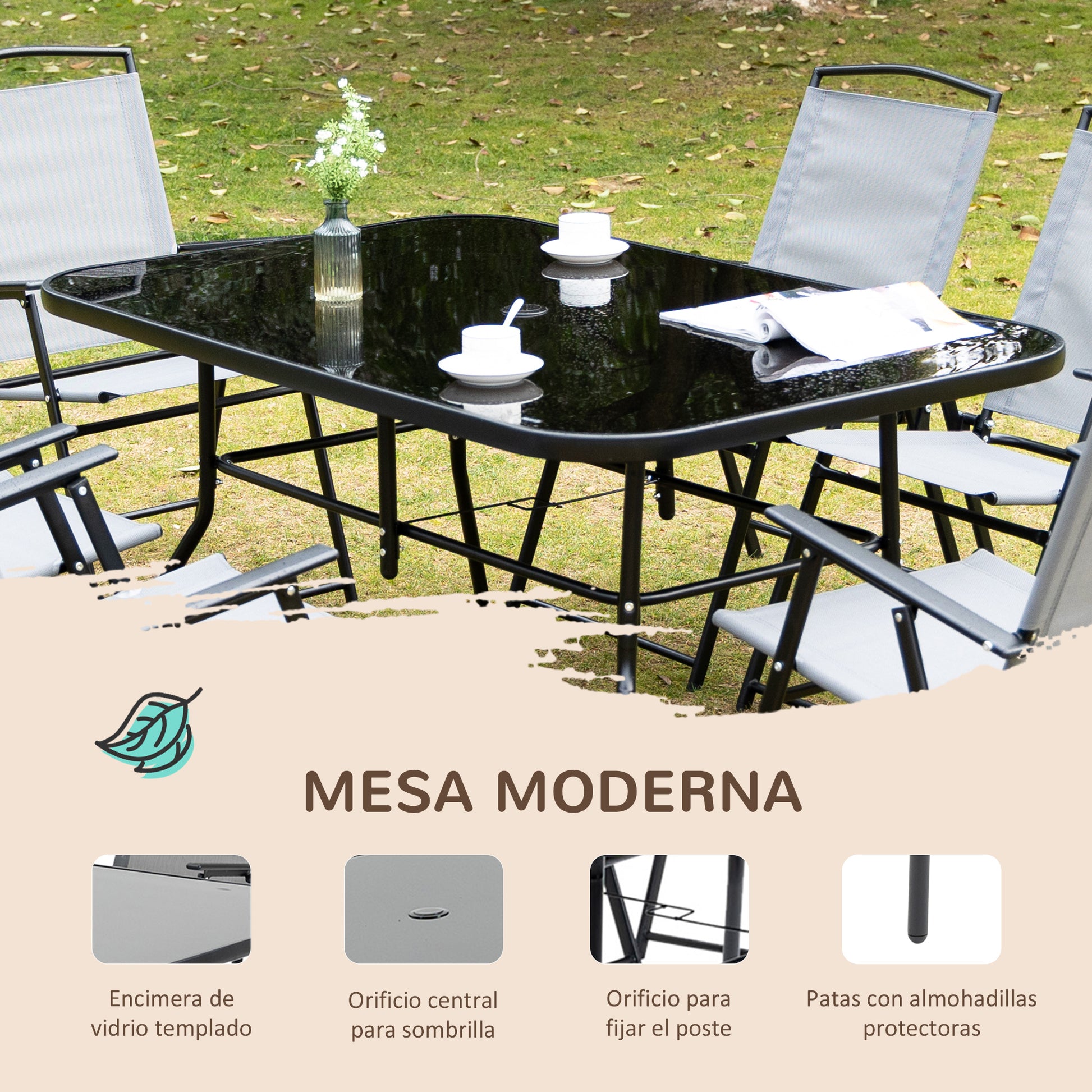 Outsunny Conjunto de Muebles de Jardín 8 Piezas con 6 Sillas Plegables Mesa de Comedor de Vidrio y Sombrilla Inclinable con Manivela Protección del Sol para Terraza Exterior Gris