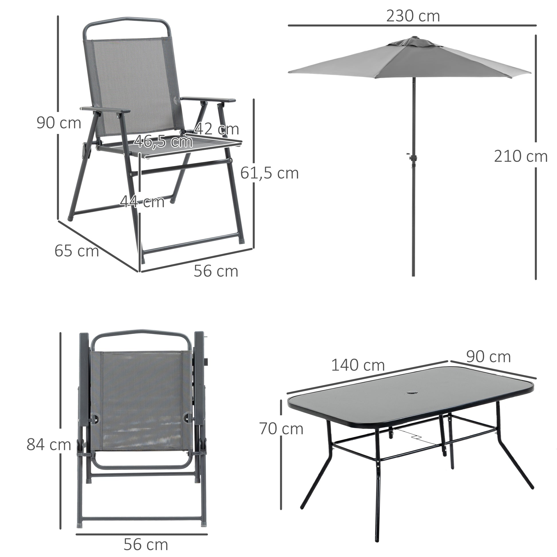 Outsunny Conjunto de Muebles de Jardín 8 Piezas con 6 Sillas Plegables Mesa de Comedor de Vidrio y Sombrilla Inclinable con Manivela Protección del Sol para Terraza Exterior Gris