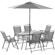 Outsunny Conjunto de Muebles de Jardín 8 Piezas con 6 Sillas Plegables Mesa de Comedor de Vidrio y Sombrilla Inclinable con Manivela Protección del Sol para Terraza Exterior Gris