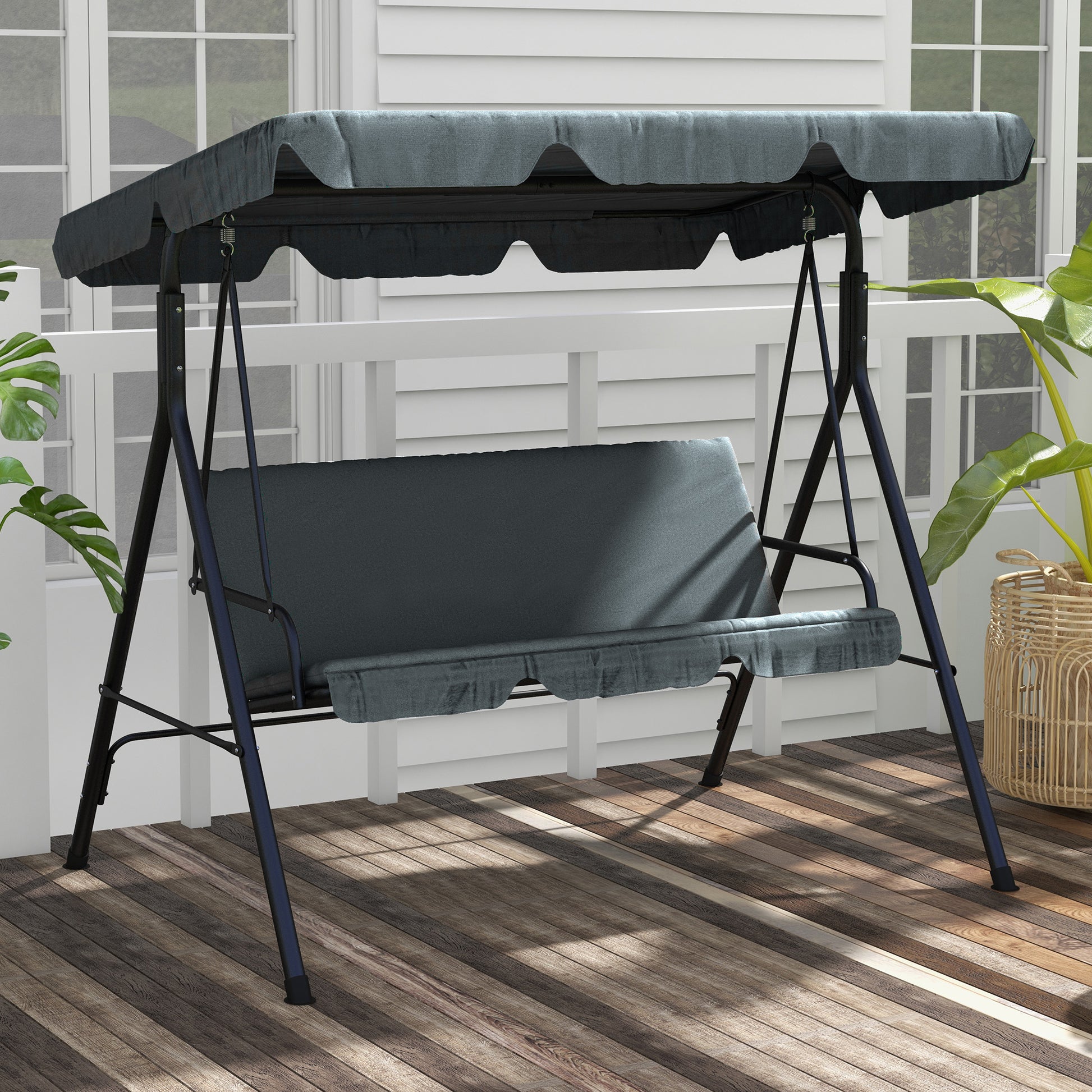 Outsunny Columpio de Jardín de 3 Plazas Balancín Exterior con Techo Ajustable y Marco de Acero para Balcón Terraza Patio Carga 240 kg 172x110x153 cm Gris