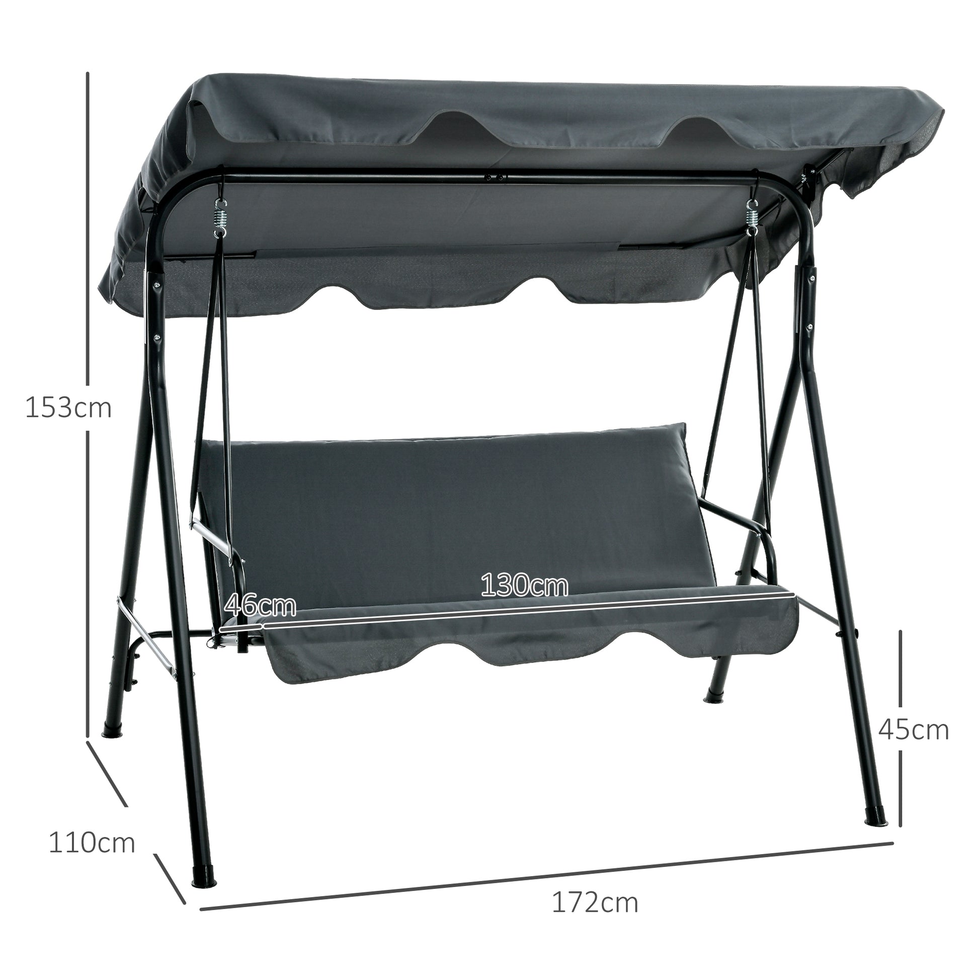 Outsunny Columpio de Jardín de 3 Plazas Balancín Exterior con Techo Ajustable y Marco de Acero para Balcón Terraza Patio Carga 240 kg 172x110x153 cm Gris