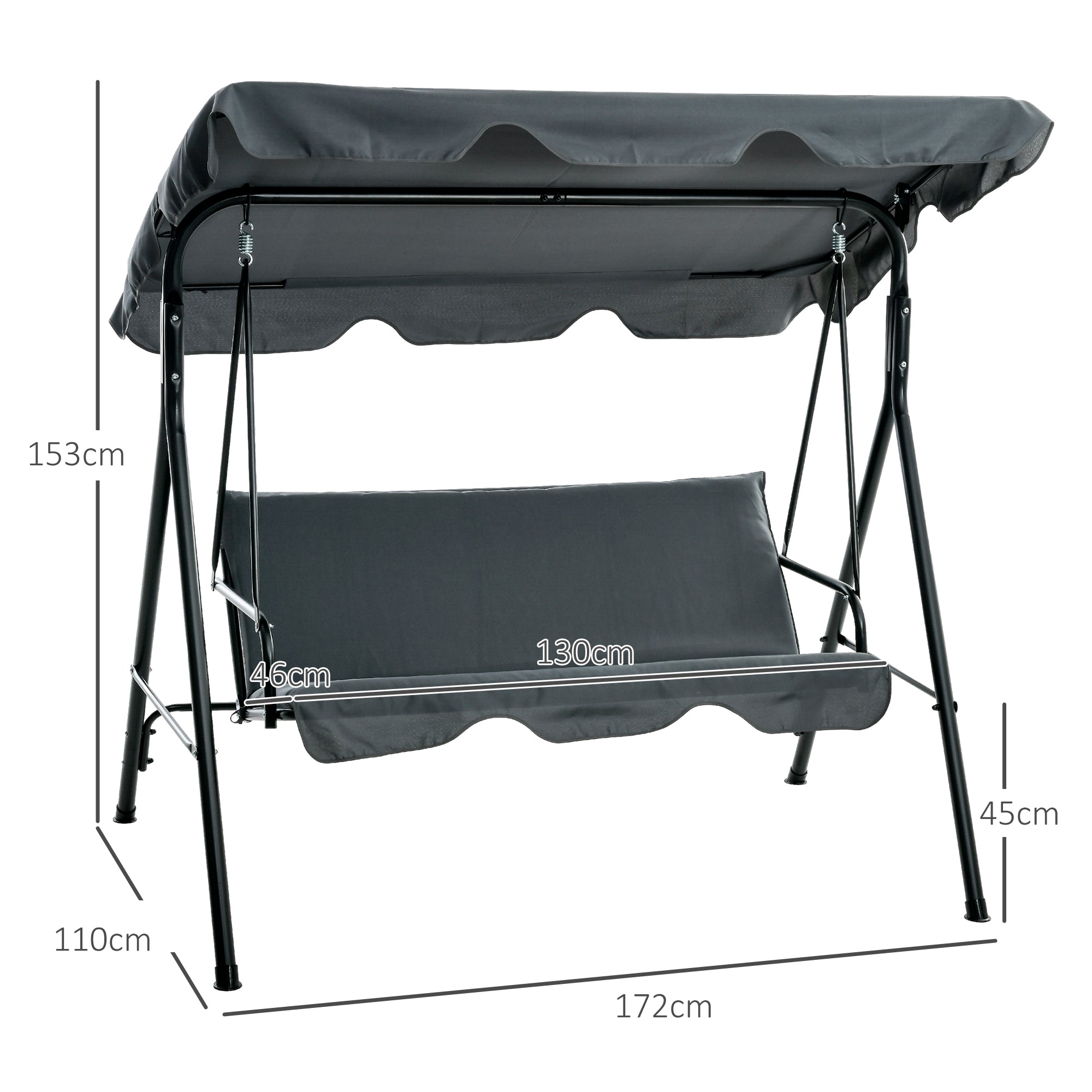 Outsunny Columpio de Jardín de 3 Plazas Balancín Exterior con Techo Ajustable y Marco de Acero para Balcón Terraza Patio Carga 240 kg 172x110x153 cm Gris