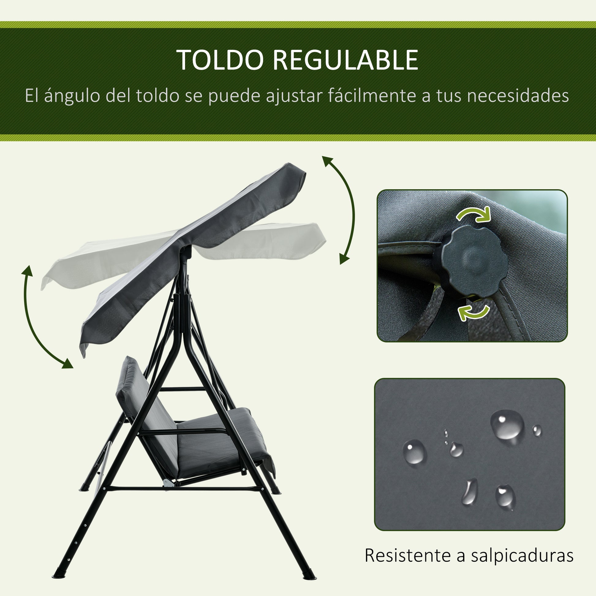 Outsunny Columpio de Jardín de 3 Plazas Balancín Exterior con Techo Ajustable y Marco de Acero para Balcón Terraza Patio Carga 240 kg 172x110x153 cm Gris