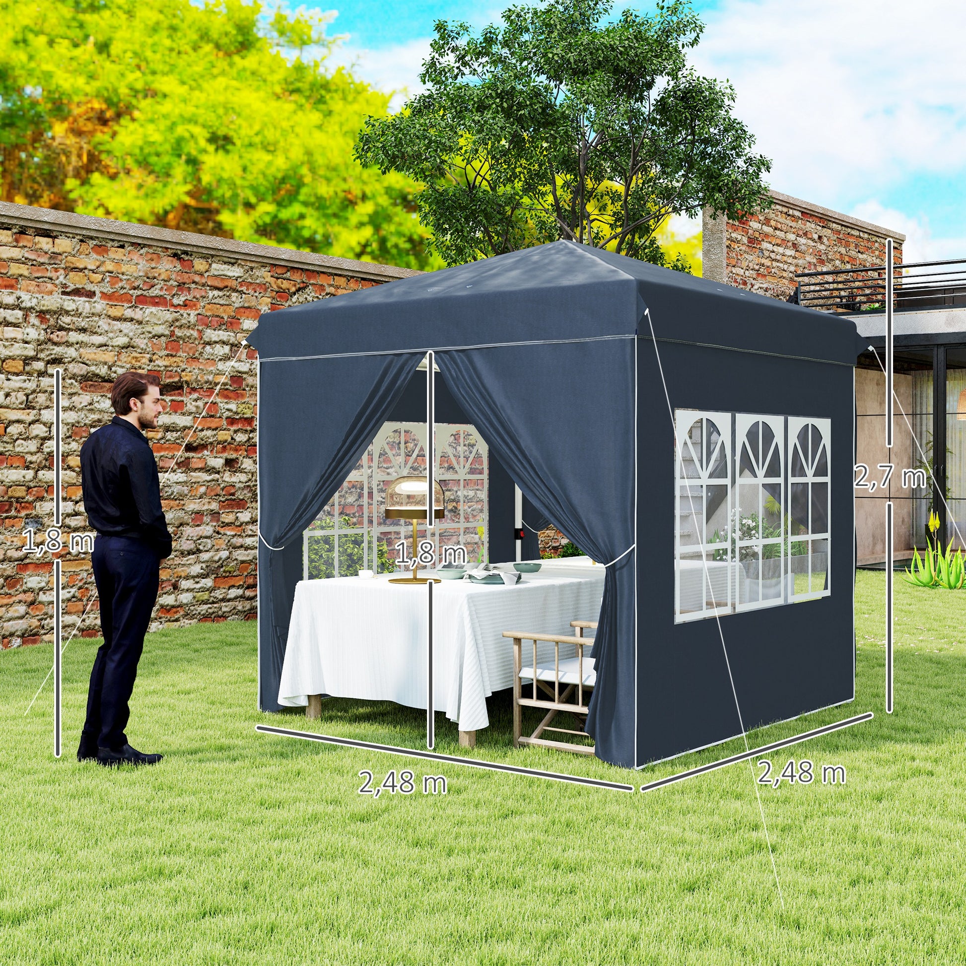 Outsunny Carpa Plegable Pop-up Gazebo 2,5x2,5 m Cenador Plegable con 4 Paredes Laterales Anti-UV y Bolsa de Transporte para Camping Fiestas Azul Oscuro