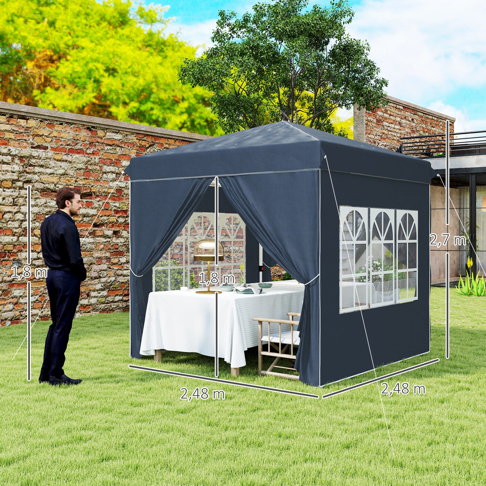 Outsunny Carpa Plegable Pop-up Gazebo 2,5x2,5 m Cenador Plegable con 4 Paredes Laterales Anti-UV y Bolsa de Transporte para Camping Fiestas Azul Oscuro