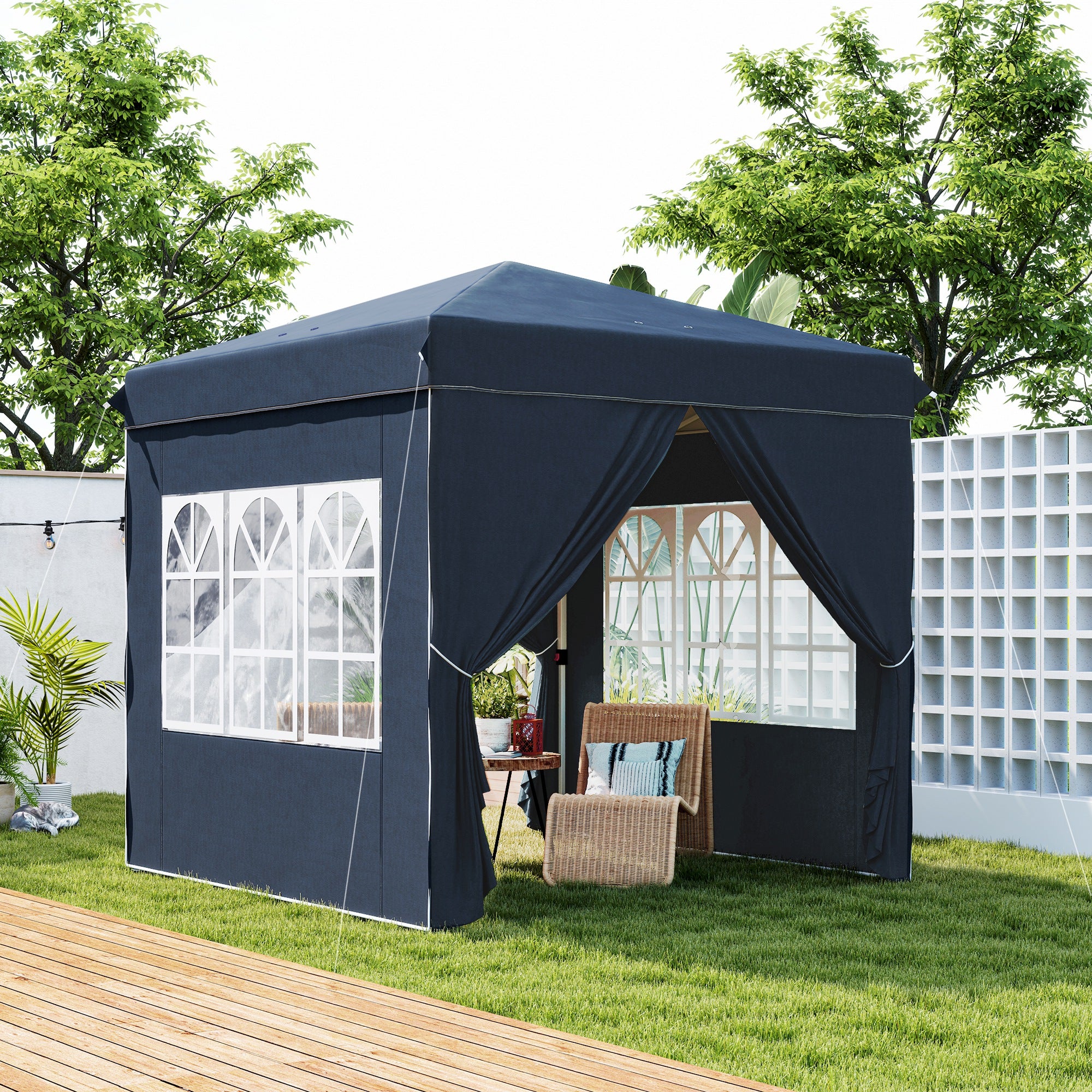 Outsunny Carpa Plegable Pop-up Gazebo 2,5x2,5 m Cenador Plegable con 4 Paredes Laterales Anti-UV y Bolsa de Transporte para Camping Fiestas Azul Oscuro