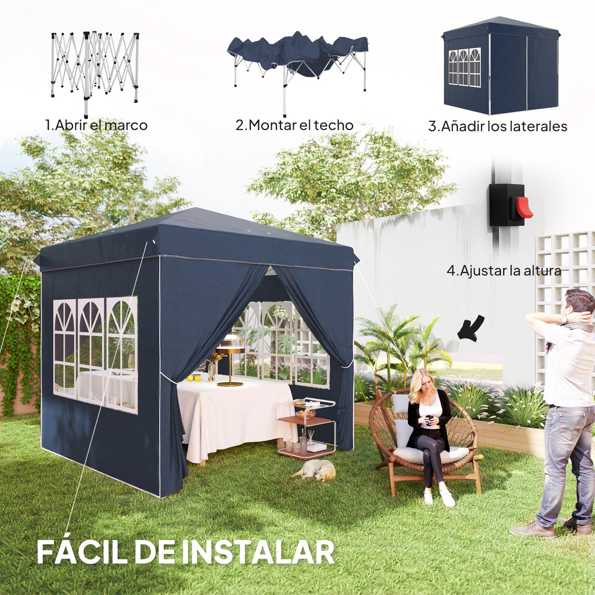 Outsunny Carpa Plegable Pop-up Gazebo 2,5x2,5 m Cenador Plegable con 4 Paredes Laterales Anti-UV y Bolsa de Transporte para Camping Fiestas Azul Oscuro