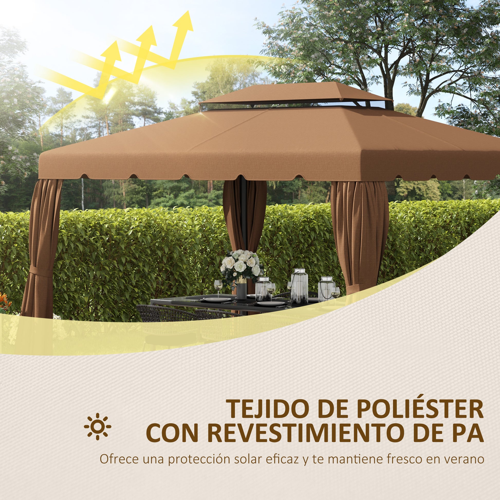Outsunny Techo de Repuesto para Cenador 4x3 m Cubierta de Repuesto con Techo Doble con 8 Orificios de Drenaje Toldo de Recambio para Pabellón Gazebo Café