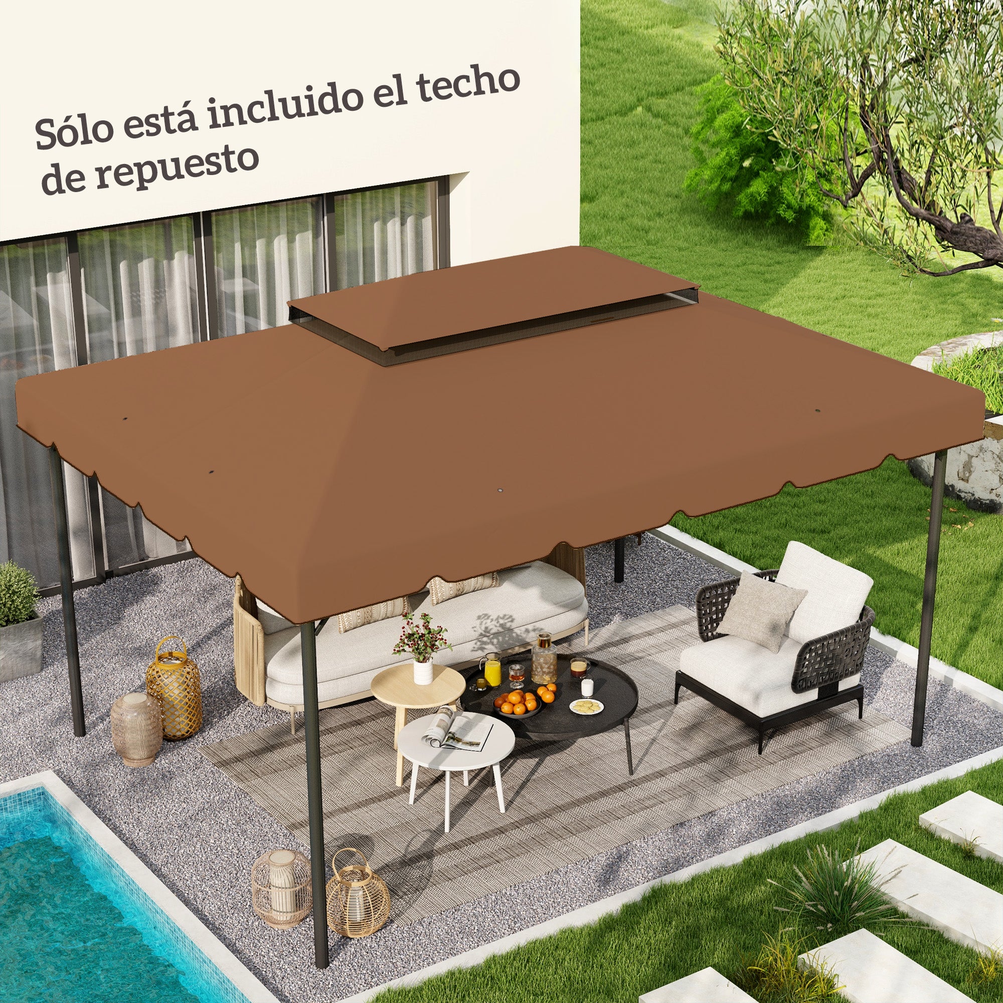 Outsunny Techo de Repuesto para Cenador 4x3 m Cubierta de Repuesto con Techo Doble con 8 Orificios de Drenaje Toldo de Recambio para Pabellón Gazebo Café