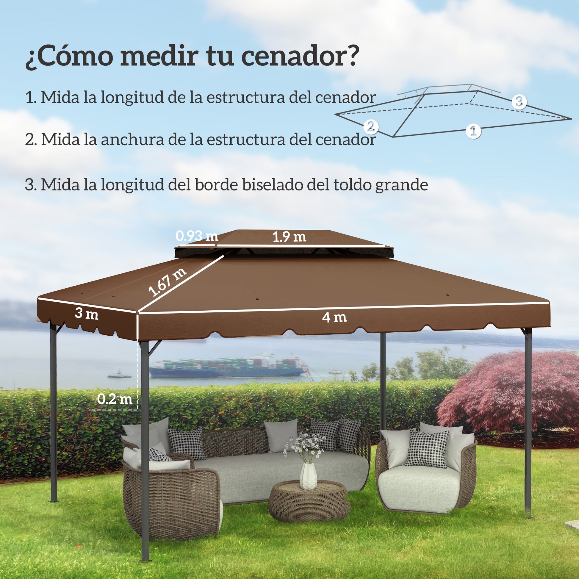 Outsunny Techo de Repuesto para Cenador 4x3 m Cubierta de Repuesto con Techo Doble con 8 Orificios de Drenaje Toldo de Recambio para Pabellón Gazebo Café