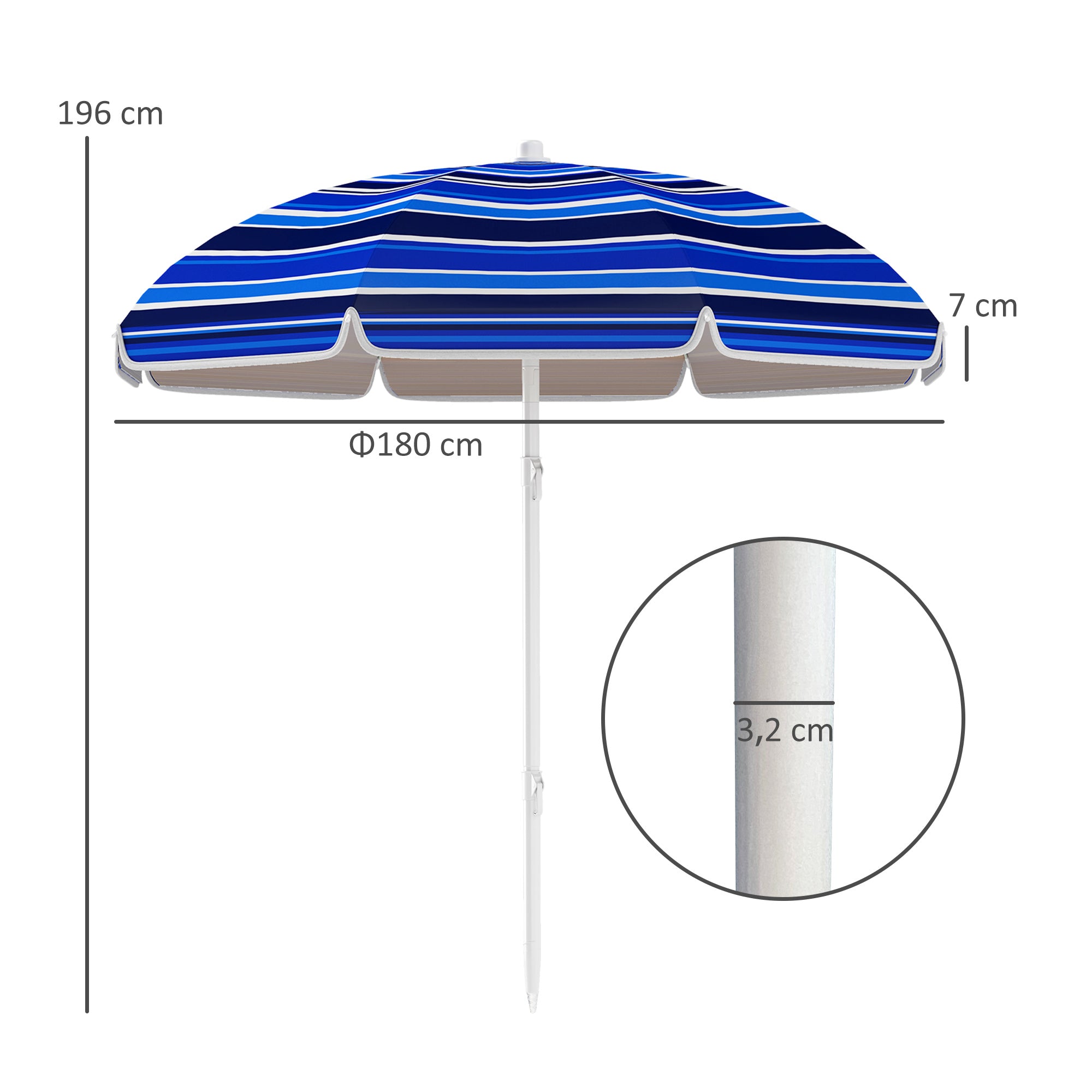 Outsunny Sombrilla de Playa Grande Ø180 cm Sombrilla de Terraza Exterior Plegable con Ángulo Ajustable Protección UV50+ Impermeable Mástil de Ø32 mm Multicolor