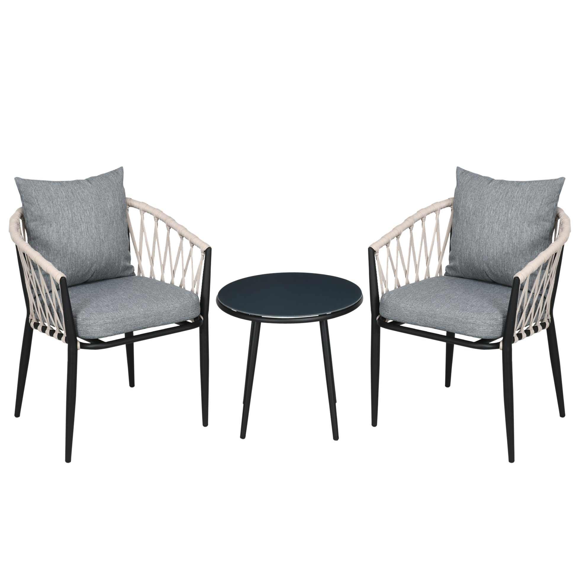 Outsunny Conjunto de Muebles de Jardín 3 Piezas Juego de Muebles de Terraza Incluye Mesa con Encimera de Vidrio Templado y 2 Sillones con Cojines Reposabrazos de Cuerda Polipropileno Gris